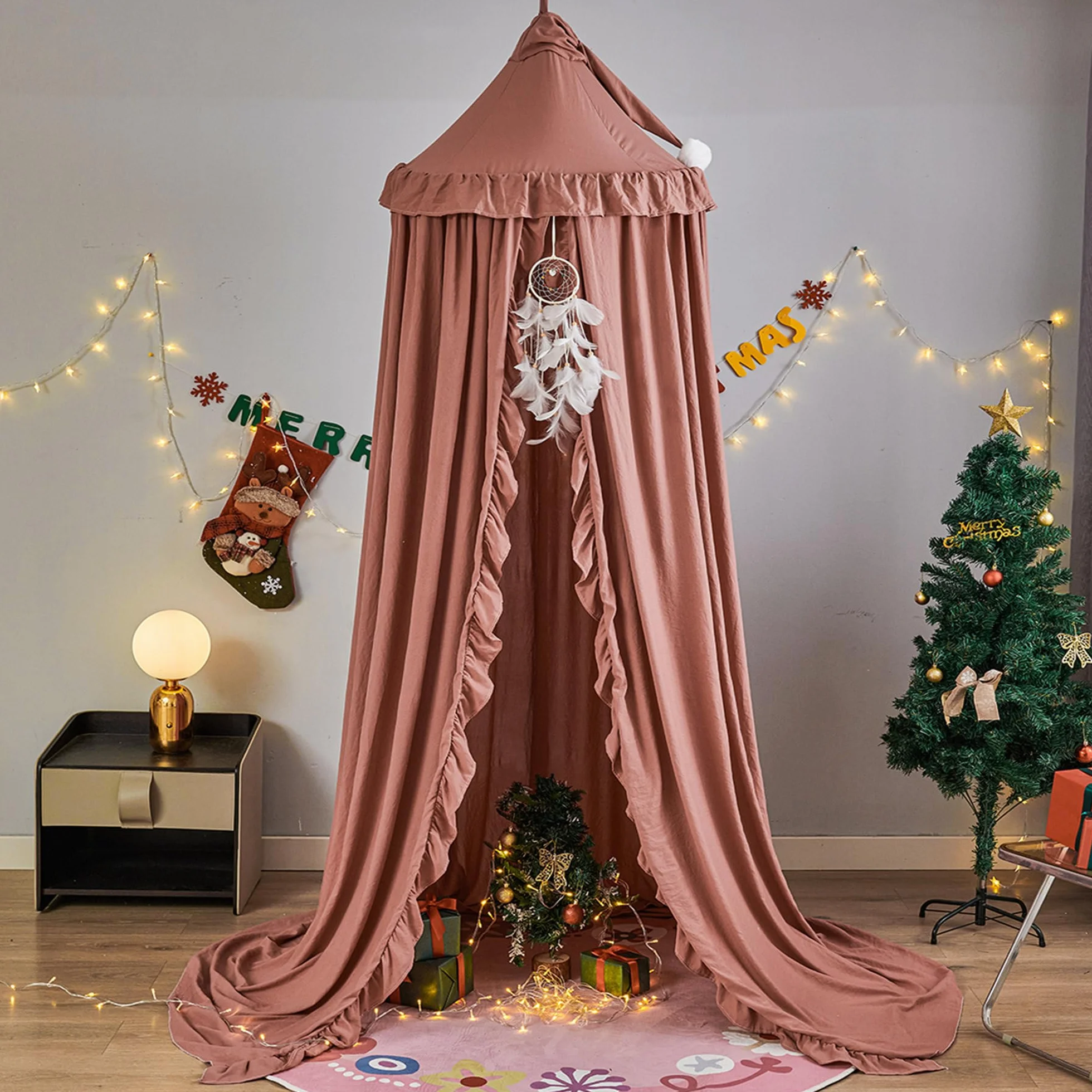 Betthimmel für Mädchen Prinzessin Runder Kuppel Träumendes Moskitonetz Bettwäsche Mädchenzimmer Schloss Spielzelt Hängendes Haus Dekor Leseecke Baldachine(Bohnenpaste rot)