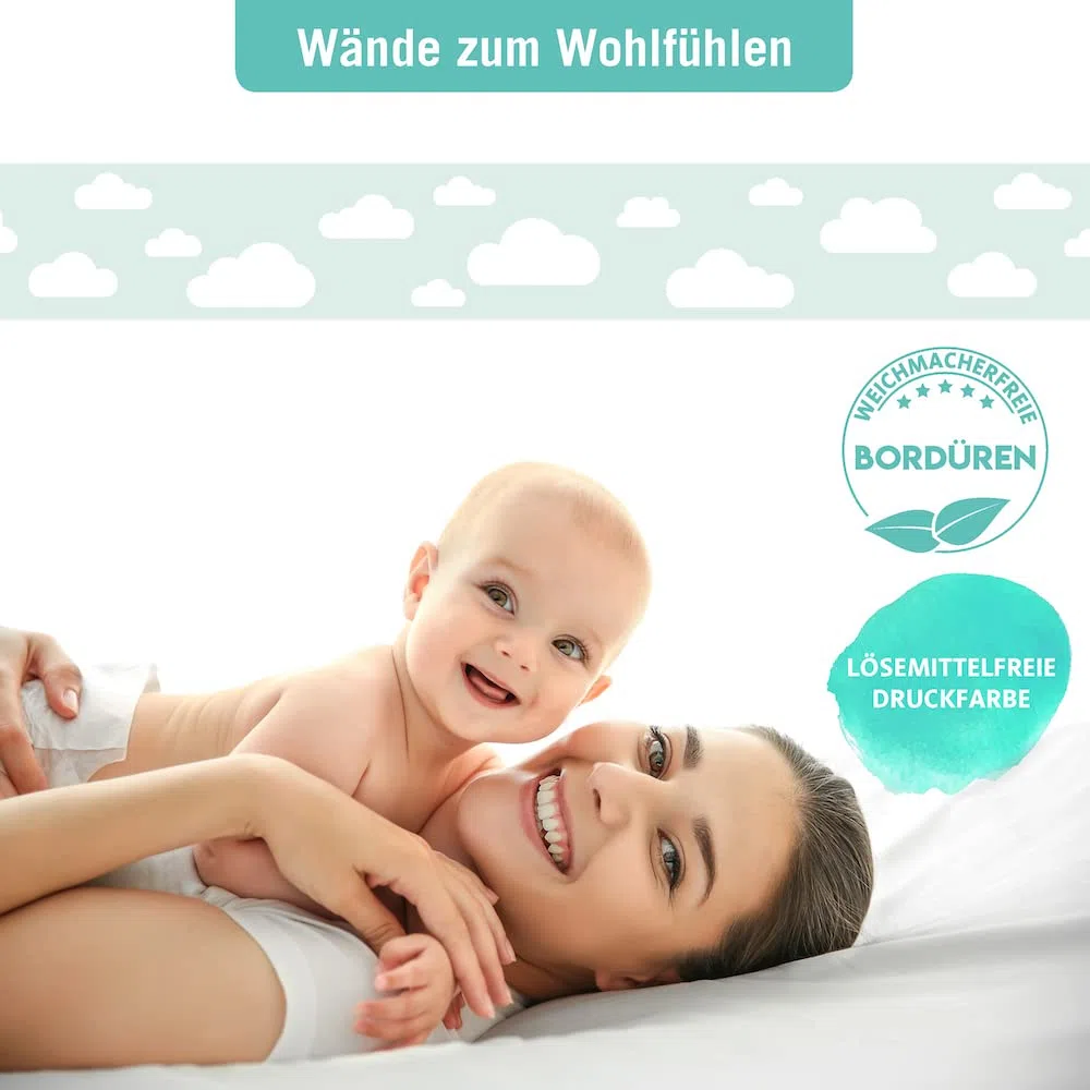 Bordüre selbstklebend WOLKE MINT GRÜN - Wandbordüre Kinderzimmer Babyzimmer mit Wolken - Wandtattoo Schlafzimmer Mädchen & Junge – Wanddeko Baby Kinder