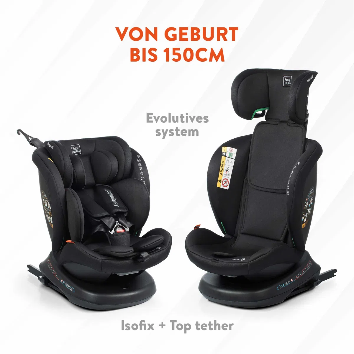 BABYAUTO - Autositz RODIA PLUS GR. 0+/1/2/3-40 - 150 cm – Alter: von Geburt bis 12 Jahre – 0 – 36kg – Rückwärtsgerichtet bis 18kg - Drehbar – ISOFIX- Top Tether (STONE GREY)
