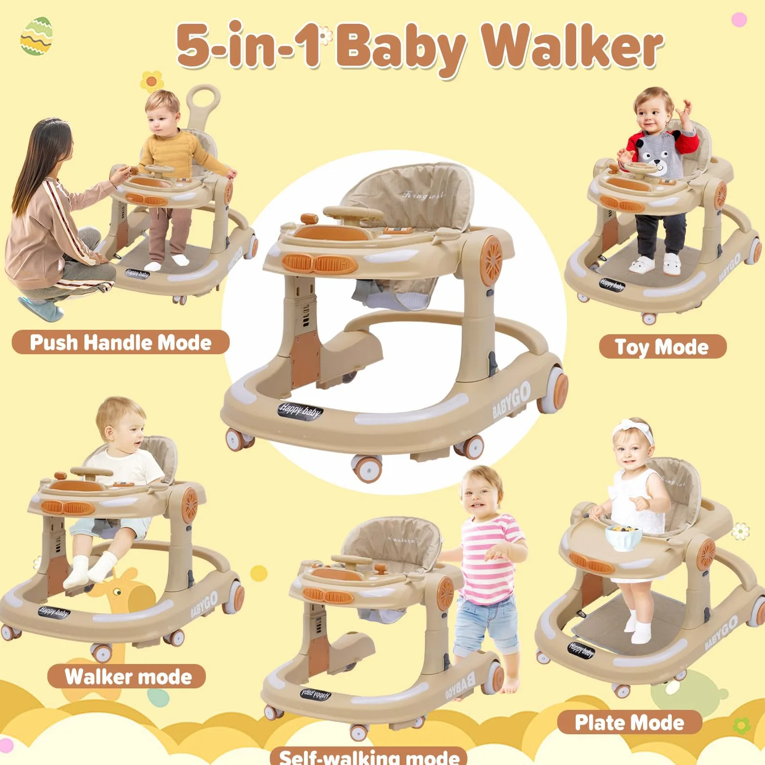 4 in 1 Lauflernhilfe, Baby Walker Höhenverstellbar, Gehhilfe mit Esstablett, Spielcenter, Bodenmatte und Bremse, Anti-Collision Design, Faltbarer Lauflernwagen Baby ab 6 9 18 Monate