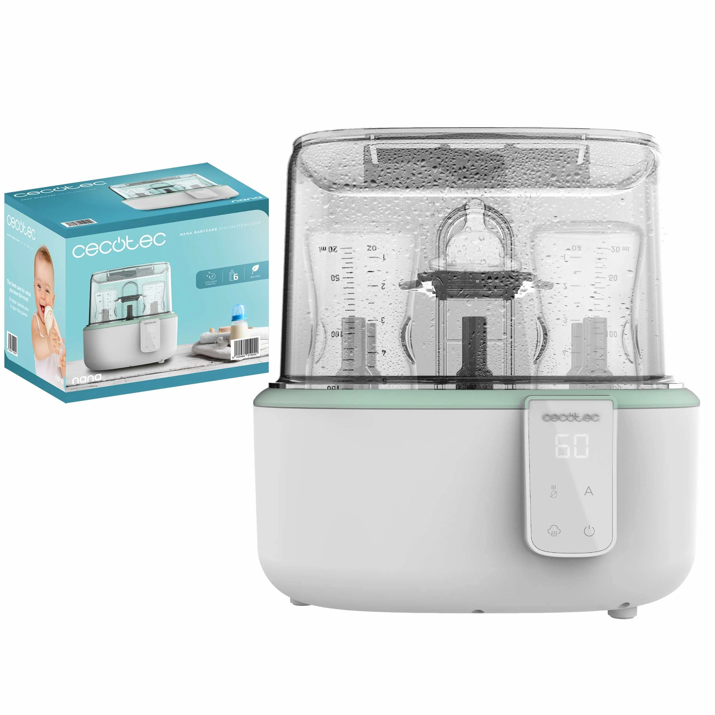 Cecotec Digitaler Sterilisator für bis zu 6 Fläschchen Nana BabyCare DigitalSterilizer, mit Saugerhalter, 8 Minuten Sterilisation und BPA-frei
