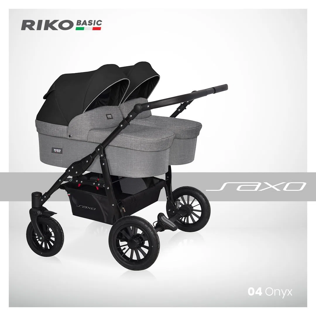 Riko Basic kinderwagen 2 in 1 SAXO für Zwillinge – 2 baby Gondeln – kinderwagen für 2 kinder – Ventilatoren und Verdeck – geräumiger Korb und Tasche – Zentralbremse – Onyx