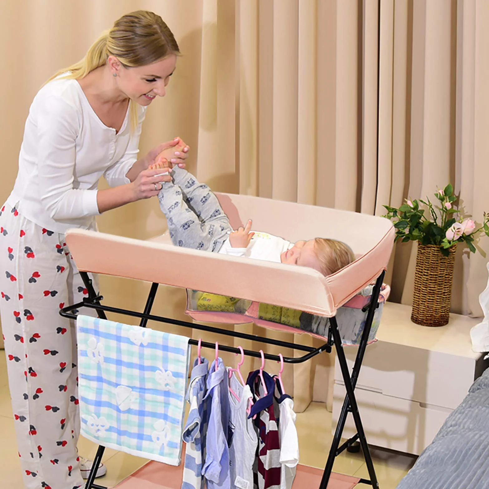 Baby Wickelkommode Klappbare Wickelauflage Wickelkombi Mobiler Wickeltisch Baby Changing Table Mit Mobil Rollen 80 * 63 * 96cm Für Babys Bis 12 Monate