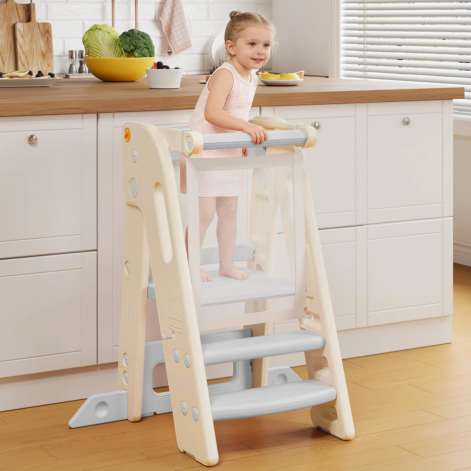 Lernturm für Kinder mit Sicherheitsgeländer, Lernturm Klappbar, Höhenverstellbar, Learning Tower mit Kippschutz & Anti-Rutsch-Trittfläche, für Küche, Badezimmer und Waschbecken (Creme-weiß)
