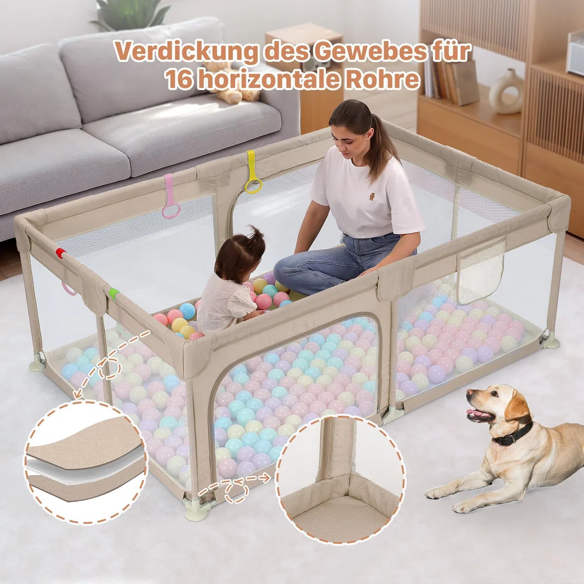 Dripex Laufgitter für Babys, Laufstall mit atmungsaktivem Netz, Spielgitter für Babys, 5 Laufgitterringe, 120 x 180 cm, Braun | 120 x 180 cm, atmungsaktives Oxford-Gewebe, 5 Ringe