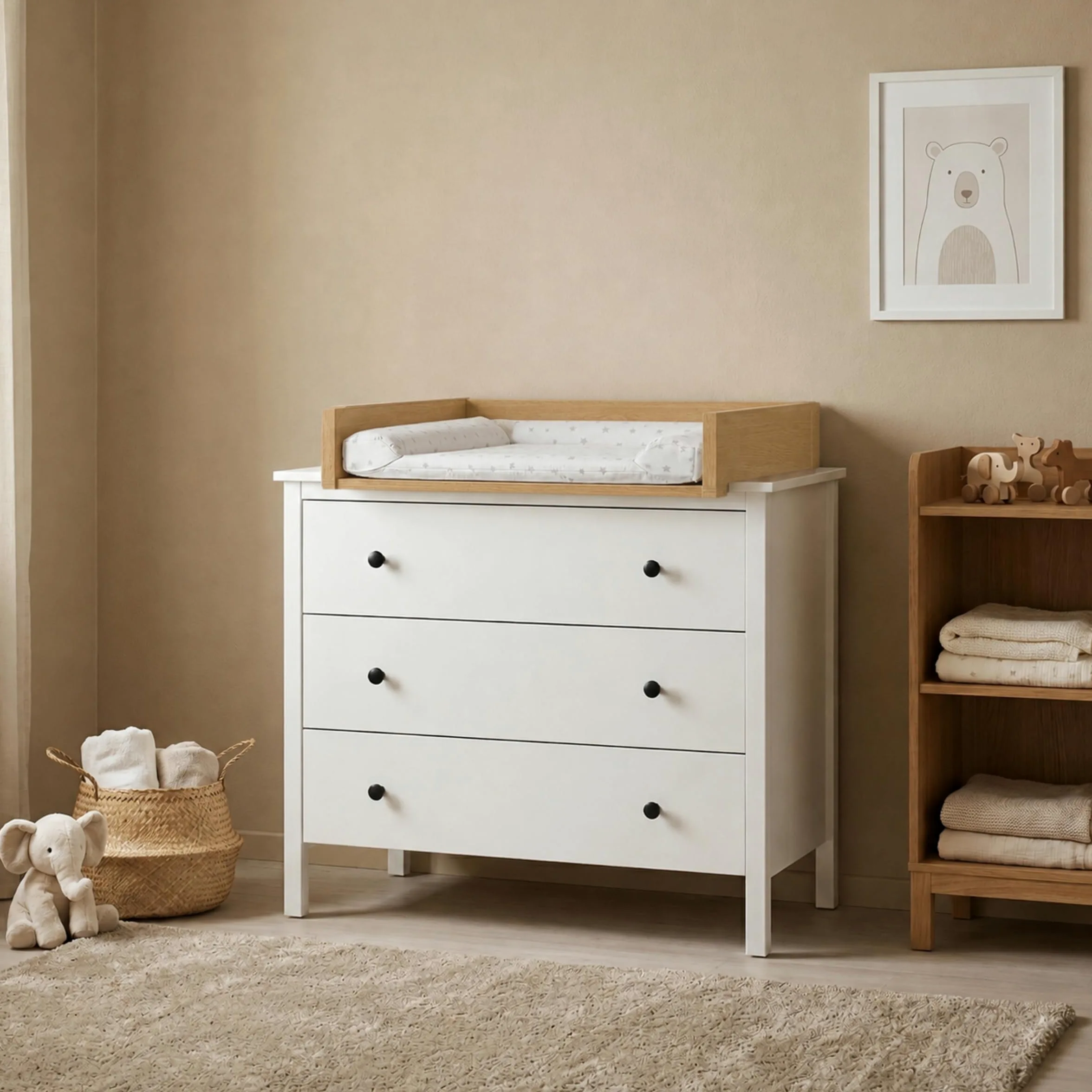 Wickeltischaufsatz, Gerade Seiten, 53,2x70 cm, Eiche | Ausziehbar verstellbar 34–50 cm für verschiedene Kommoden, Wickelkommode, Wickeltisch, Wickelaufsatz für Kommode, Wickelbrett