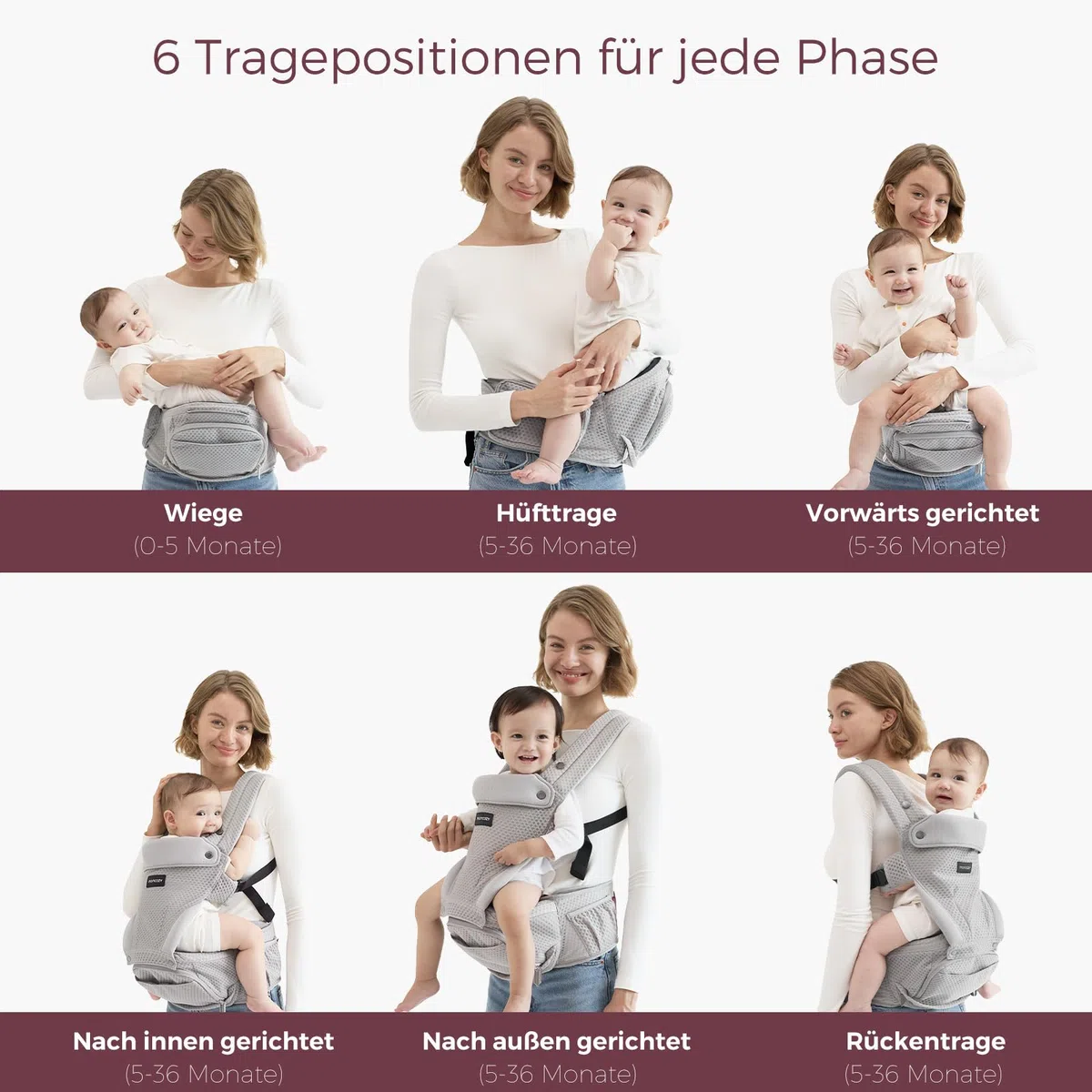 Momcozy Babytrage mit Hüftkissen, 2-in-1 verstellbare Hüfttrage bis 20kg, atmungsaktive Tragehilfe mit Lendenstütze, Grau