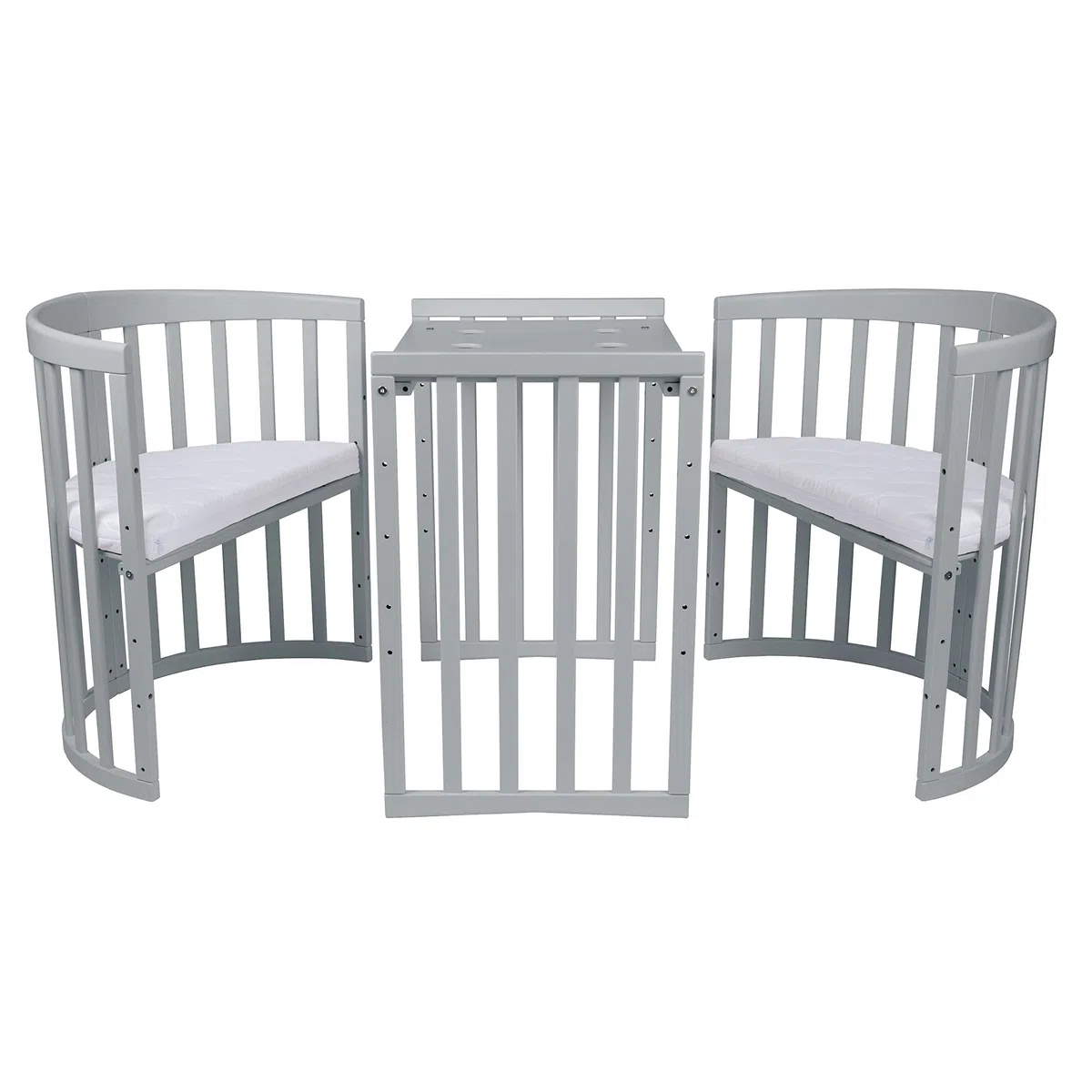 waldin Babybett Oval 7in1, Matratze, Rollen, Regal, Grau | Ohne Stoffset, Mitwachsend, Beistellbett aus Holz, Wiege optional