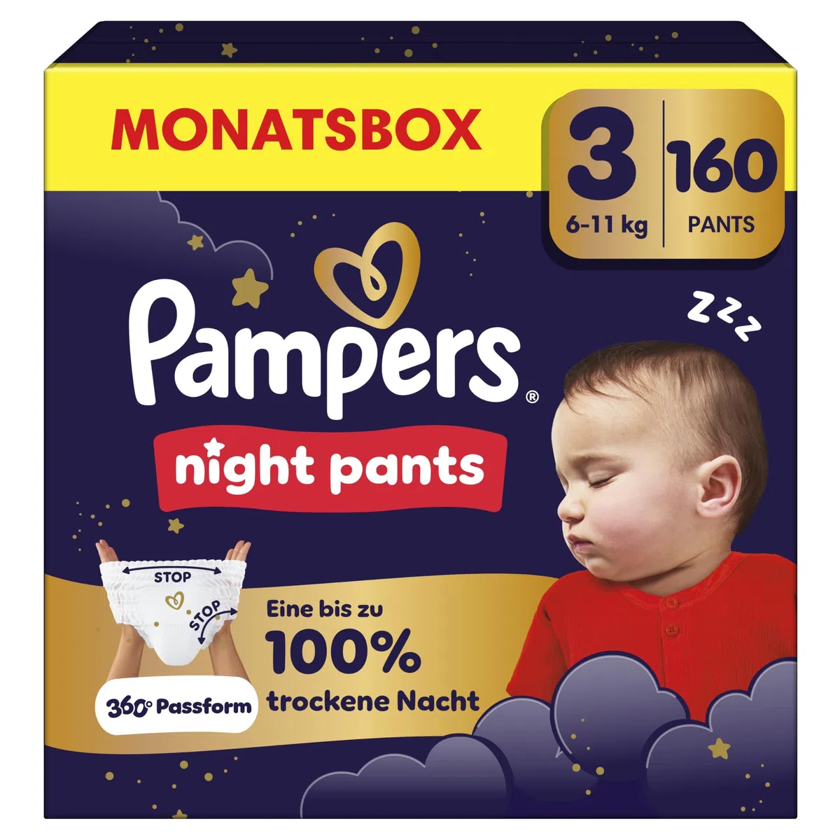 Pampers Night Pants Größe 3, 160 Windeln, 6kg-11kg, bieten zusätzlichen Schutz für die ganze Nacht