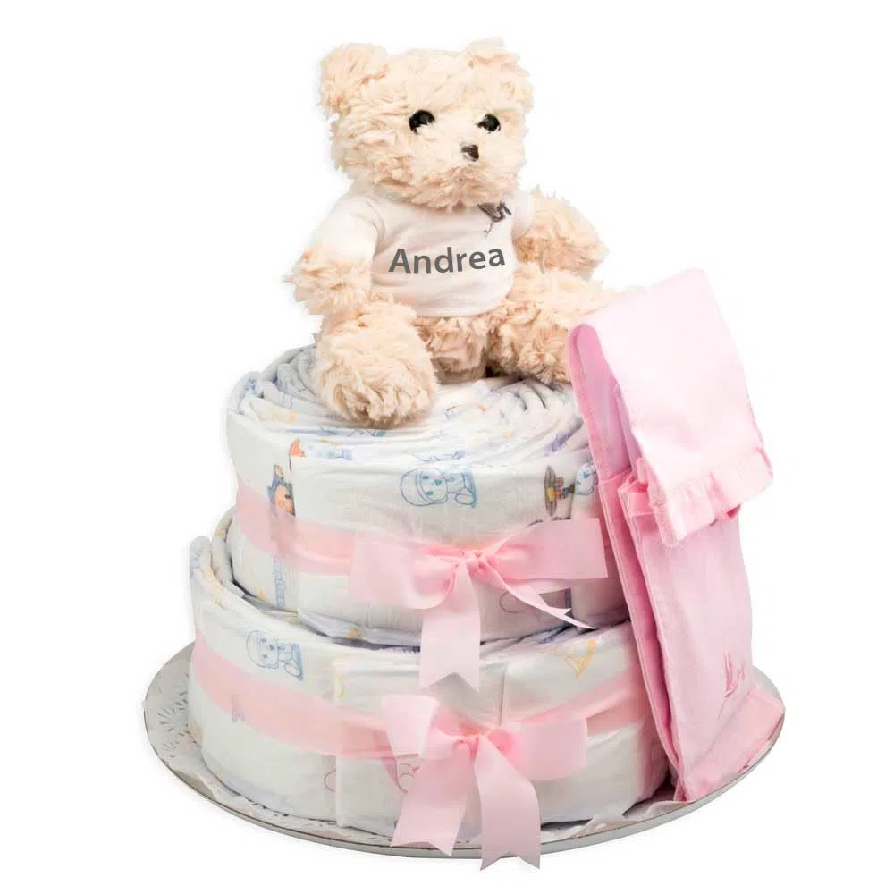 Herrliche Windeltorte, um zur Geburt eines Mädchens zu gratulieren. Der Teddybär kann mit dem Namen des Babys personalisiert werden | BebeDeParis
