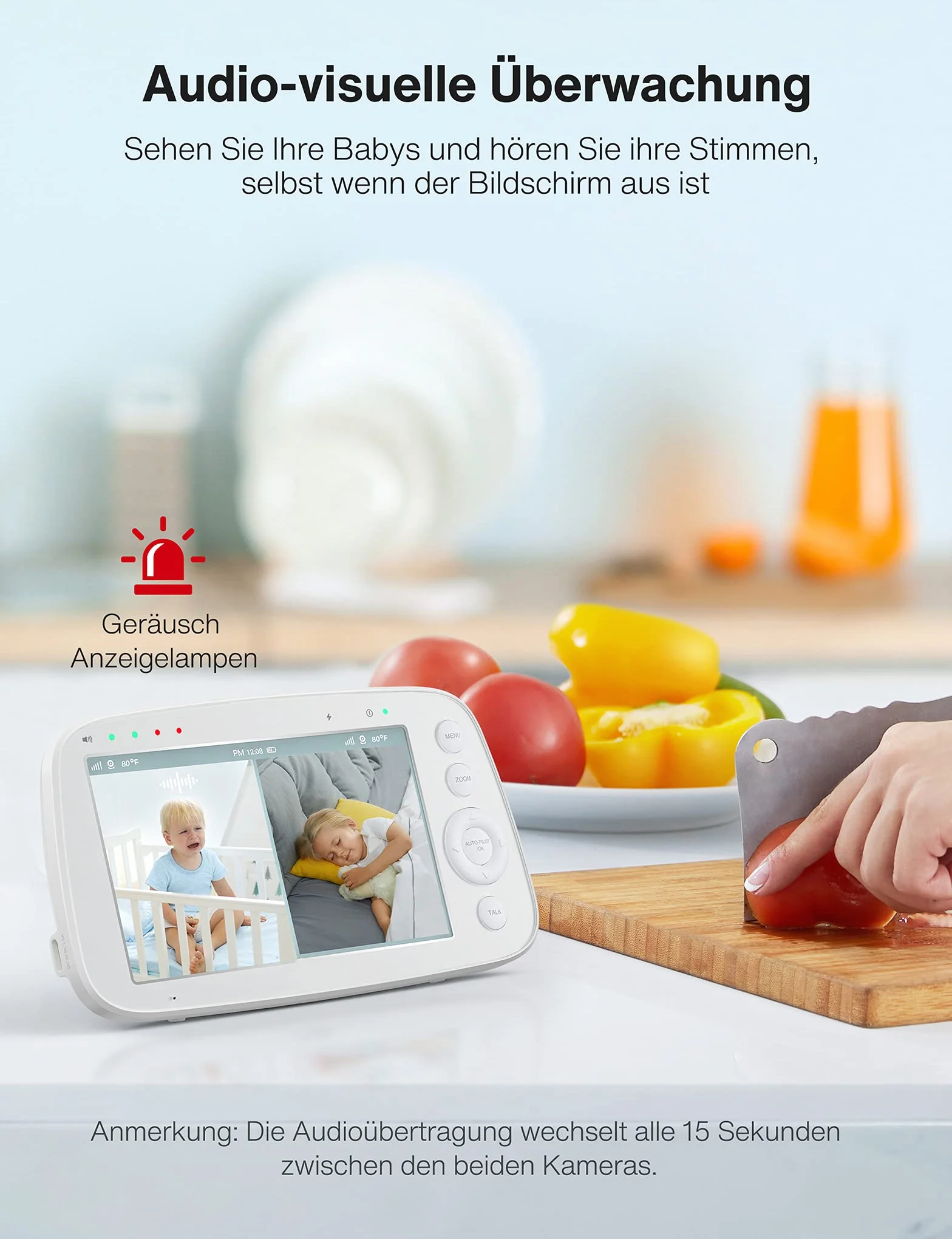 Babyphone mit teilbarem Bildschirm, 5" 720P mit 2 Kameras, Audio und Video Überwachung, Schwenken Neigen Zoom, 300m Reichweite, 4500mAh Akku, Infrarot Nachtsicht und Wärmemonitor
