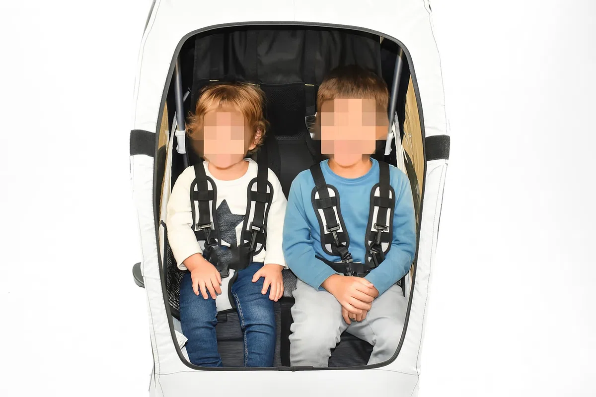 Anhänger für 2 Kinder, Aluminium, 2-in-1, Fahrrad und Kinderwagen