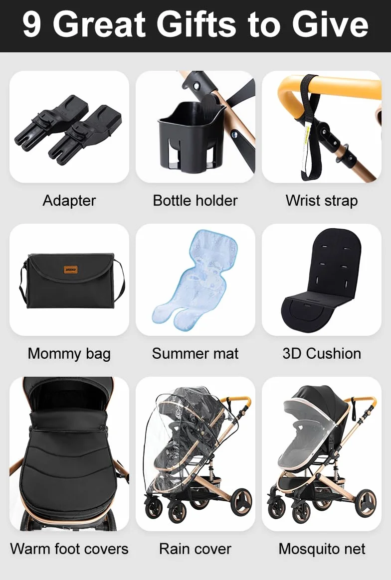 YAZOCO Kinderwagen 3 in 1 Buggy Babybett Komplett Set, Aluminiumrahmen Zusammenklappbar für Neugeborene (Schwarz)
