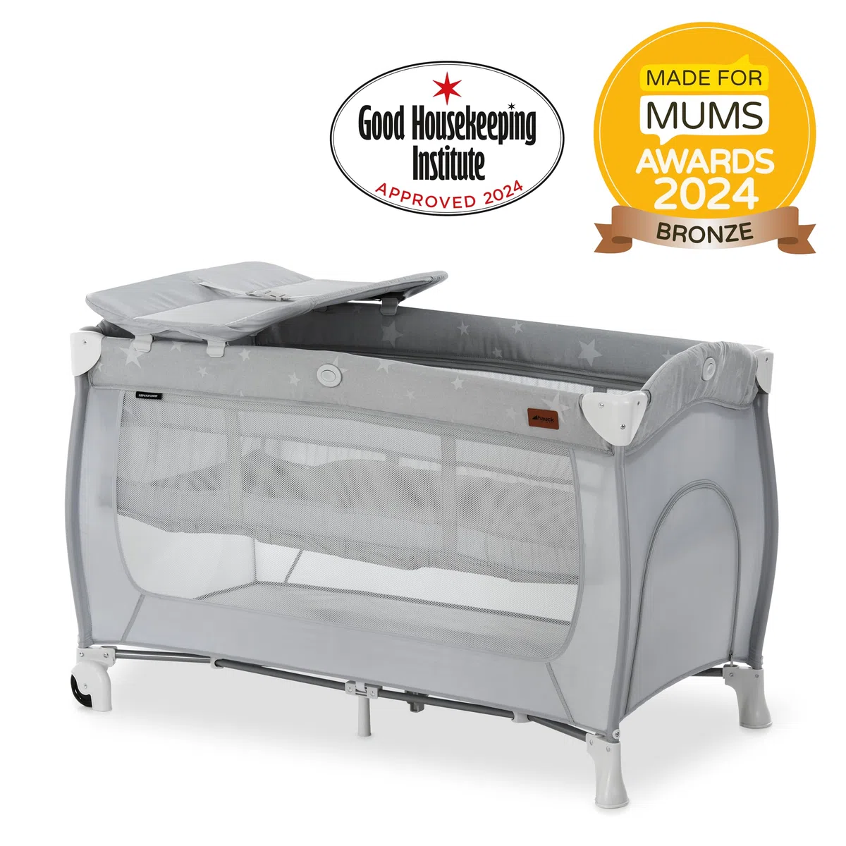 Hauck Sleep N Play Center Stars – Reisebett-Set mit Wickelunterlage, Neugeborenenhöhe, Luke, Rollen & Reisetasche, schnell & kompakt faltbar, ab Geburt bis 15 kg, 120 cm x 60 cm