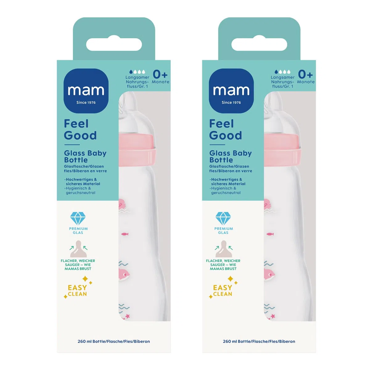 MAM Feel Good Glass Bottle 260 ml Glas Flasche, Doppelpackung, für Mädchen