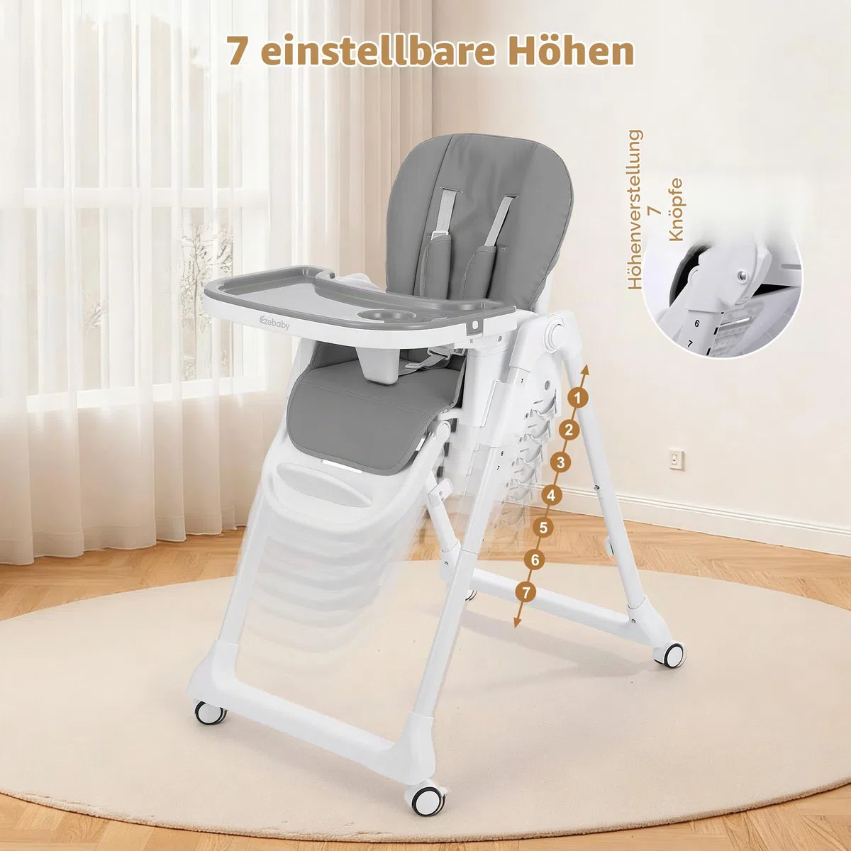4-in-1 Baby Hochstuhl, höhenverstellbar, faltbar mit Spielbogen & Booster | 7-fach höhenverstellbar, Sitzerhöhung Booster-Funktion, PU-Sitz, Doppeltablett, Rollen mit Bremse, Kinderstuhl