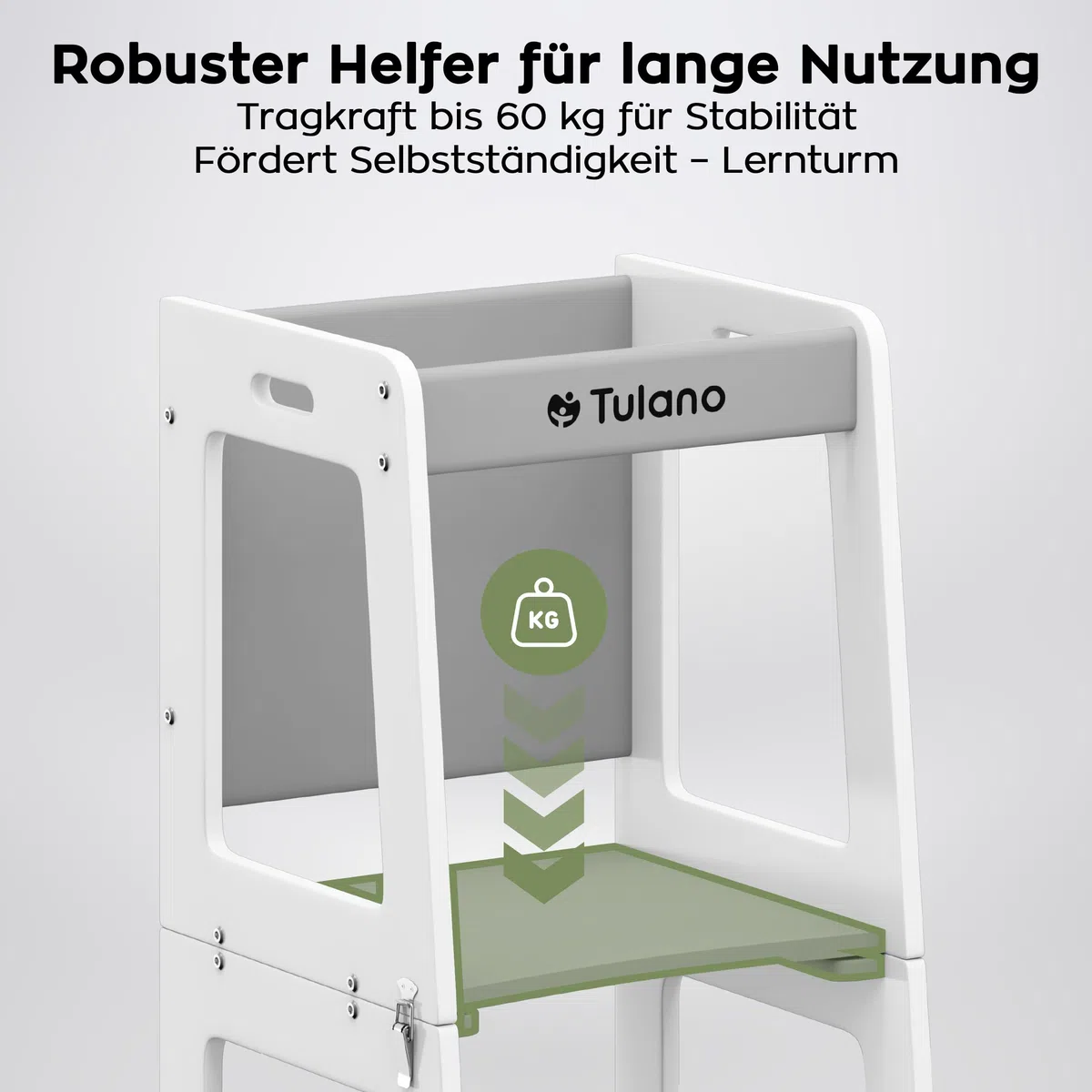 Tulano Mooby 35 Lernturm 3 in 1 für Kinder ab 1 Jahr - Stabil bis 60kg | Montessori Kitchen Helper umbaubar zu Tisch mit Stuhl & Maltafel - Kindermöbel aus MDF - Tritthocker Küche - Grau