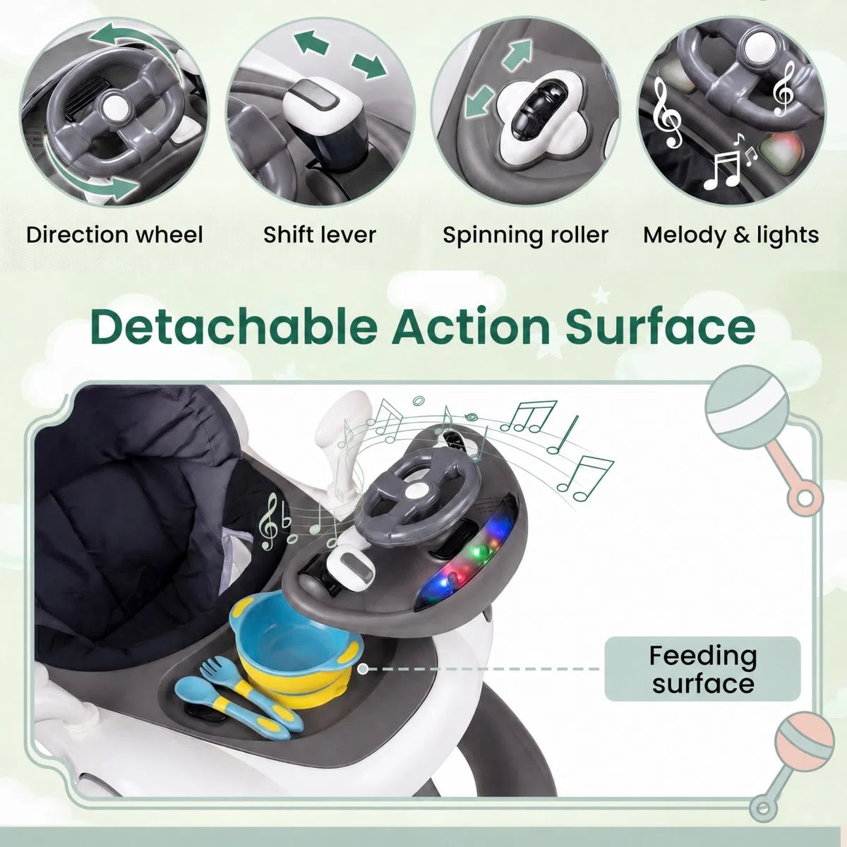 GIANTEX 7 in 1 Lauflernwagen, Lauflernhilfe höhenverstellbar mit Schaukelfunktion & Sprungmatte, Babywalker mit Licht, Musik, Spielecenter, Tablett, Laufwagen faltbar für Baby ab 6 Monaten (Grau)