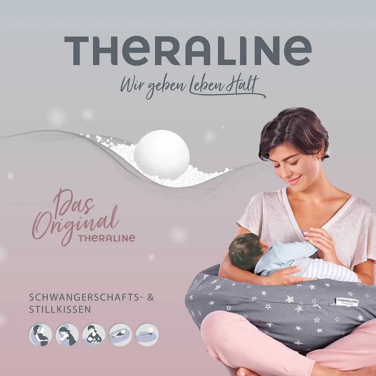 Theraline Das Original Schwangerschafts- & Stillkissen | gefüllt mit sandfeinen Original-Mikroperlen | inkl. Außenbezug „Wolkenweiß“ | 190 cm