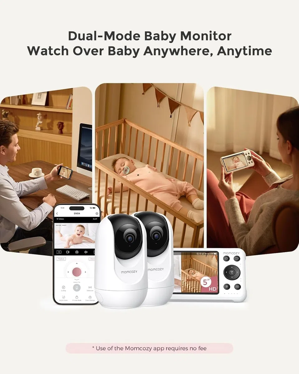 momcozy Babyphone mit 2 Kamera App, 5 Zoll WLAN Video Babyphone mit Kamera und Audio, 4×Zoom, Bewegungs und Weinenkennung, sicherer Zaun, klare Nachtsicht, 2-Wege-Gespräch, Foto & Videoaufzeichnung