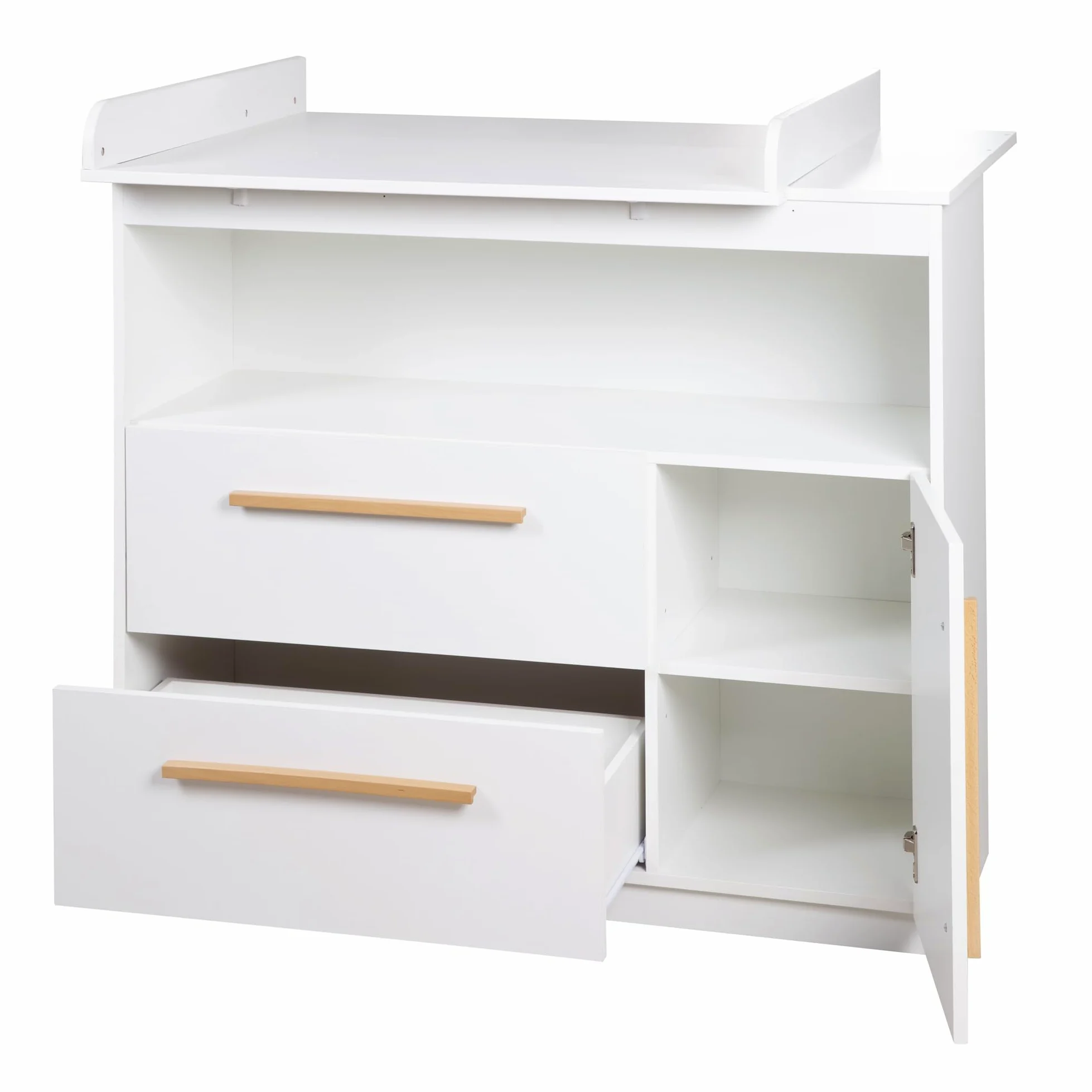 roba Kinderzimmer Set Lilo - Mitwachsendes Gitterbett 70 x 140 cm + Wickelkommode mit 2 Schubladen & 1 Tür + Kinderkleiderschrank 2-türig - Griffe aus Buche - Holz weiß lackiert