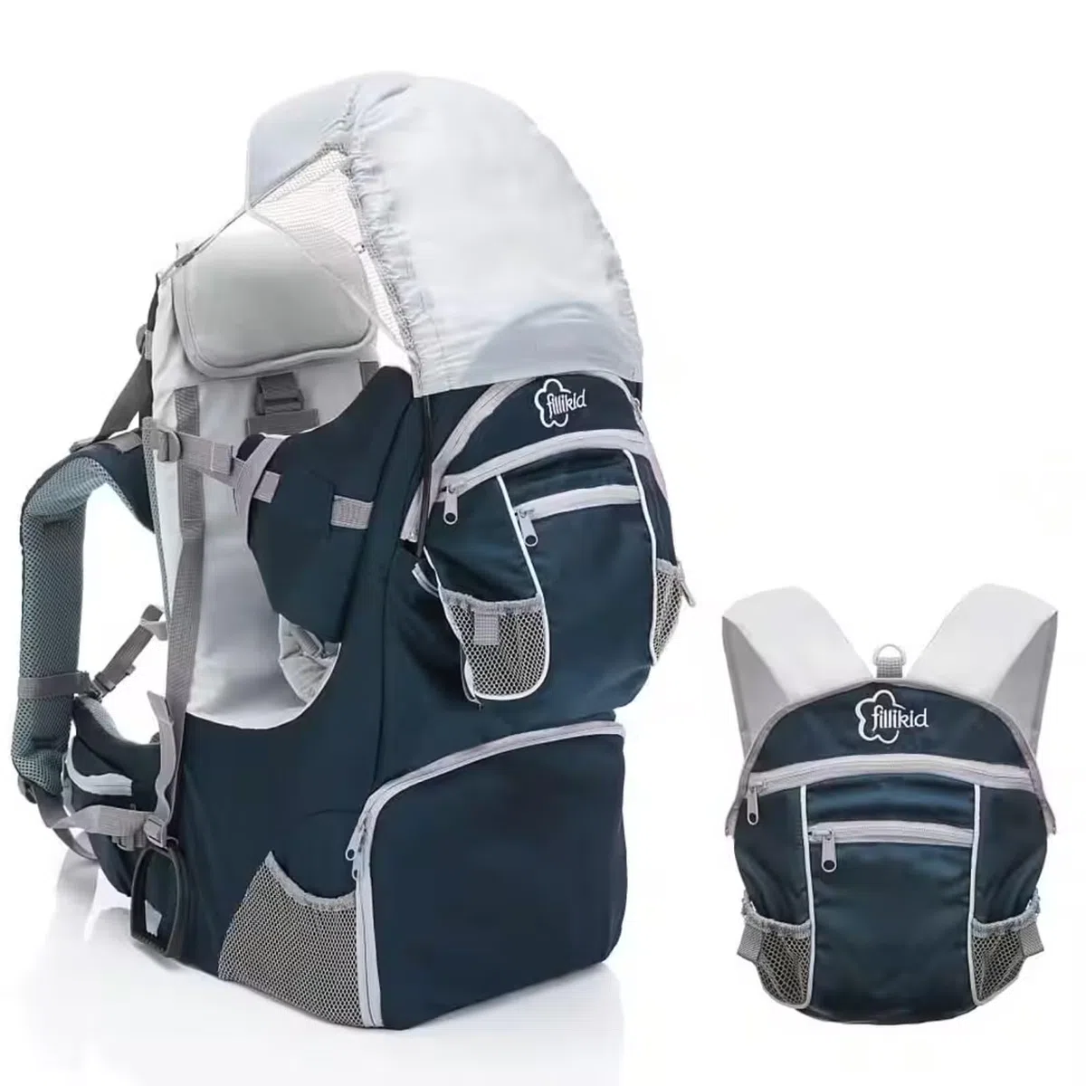 Fillikid Rückentrage - Rücken Babytrage mit Sonnenschutz, Gurt, Kinder Rucksack und Staufächern - Kraxe zum Wandern mit Baby und Kleinkind, bis 18 kg - Blau Grau