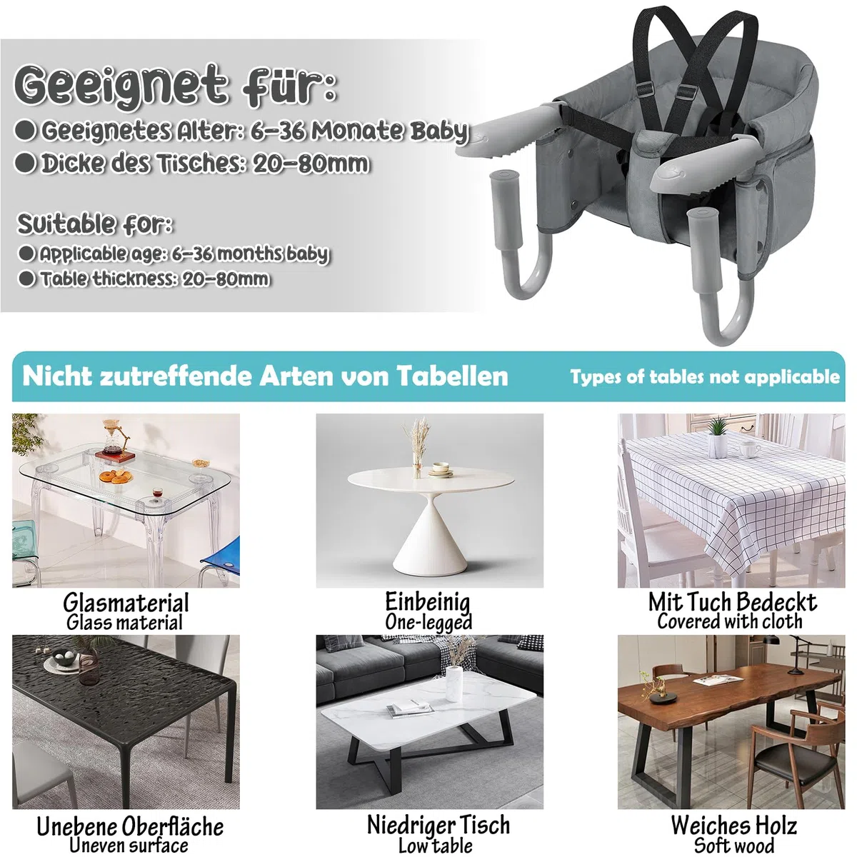 ACXIN Tischsitz Babysitz, Hochstuhl inkl. Transporttasche, Hochwertiger Kinderhochstuhl, Mobiler Hochstuhl für Restaurants, Reise & Co, Belastbar bis 15 kg (Grau)
