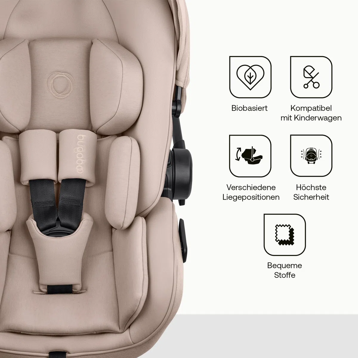 Bugaboo Otter by Nuna, i-Size Babyschale ab Geburt, flache Liegeposition | UPF 50+ Sonnenverdeck und Memory-Schaum, kompatibel mit 360 Grad Isofix-Basis, von 0–15 Monaten, Desert Taupe Melange