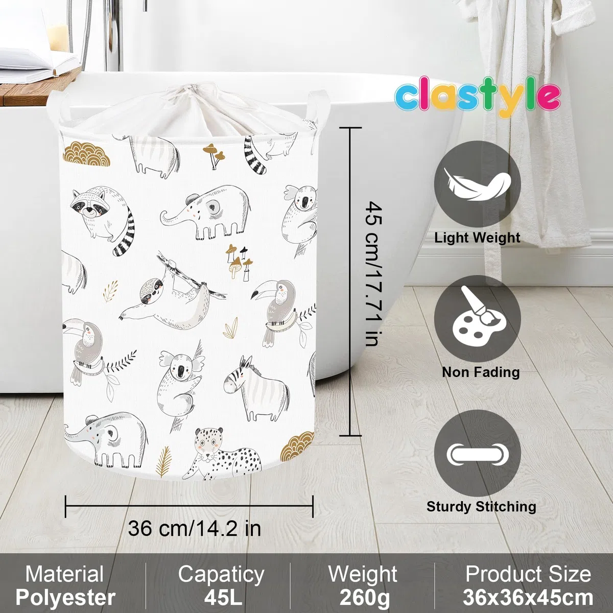Clastyle 45L Kinder Wäschekorb Elefant Rund Weiß Spielzeug Kleidung Aufbewahrungskorb 36x45 cm