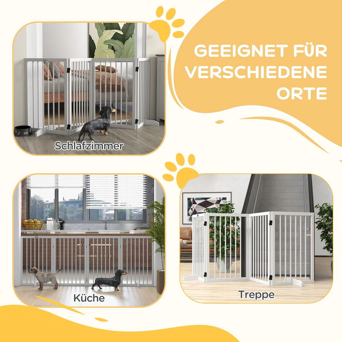 PawHut Absperrgitter Hund Faltbar Freistehend 4-Teilig 206 x 76 cm Weiß | Türschutzgitter, mit 2 Stützfüßen, Hundegitter aus Holz, Treppengitter für Flur