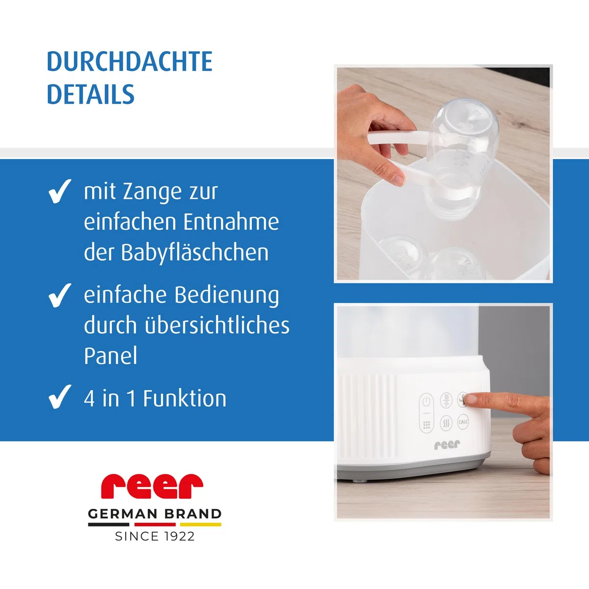 reer VapoDryS Vaporisator | Babyflaschen Sterilisator mit Trocknungsfunktion, Dampfsterilisator für bis zu 5 Flaschen, Desinfektion und Trocknung von Babyfläschchen und Zubehör ohne Chemikalien