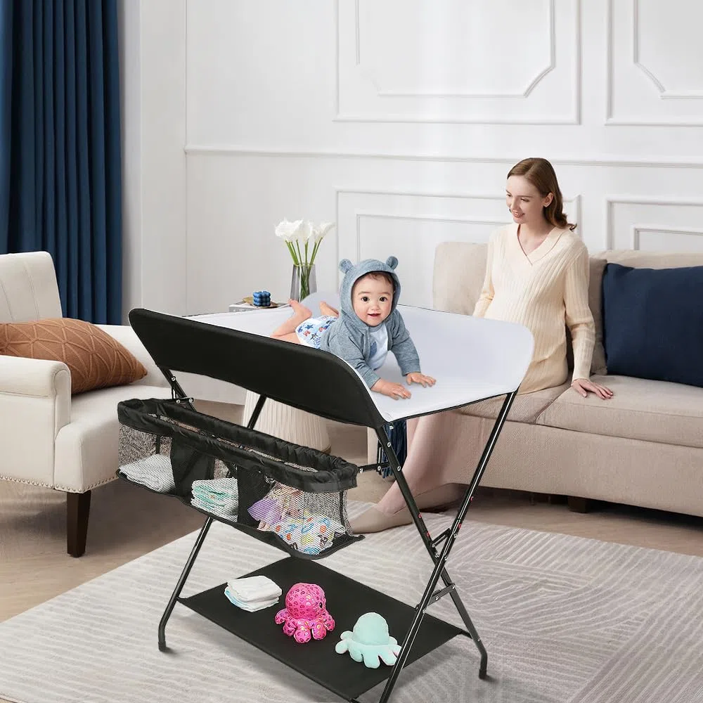 homewell Wickeltisch, Baby Wickelkombi Faltbar Tragbar, Klappbare Wickelkommode mit Aufbewahrungskorb, Sicherheitsgurt und 4 Rollen, Platzsparend & Stabil, 79 * 55.5 * 96cm (Grau + Weiß)