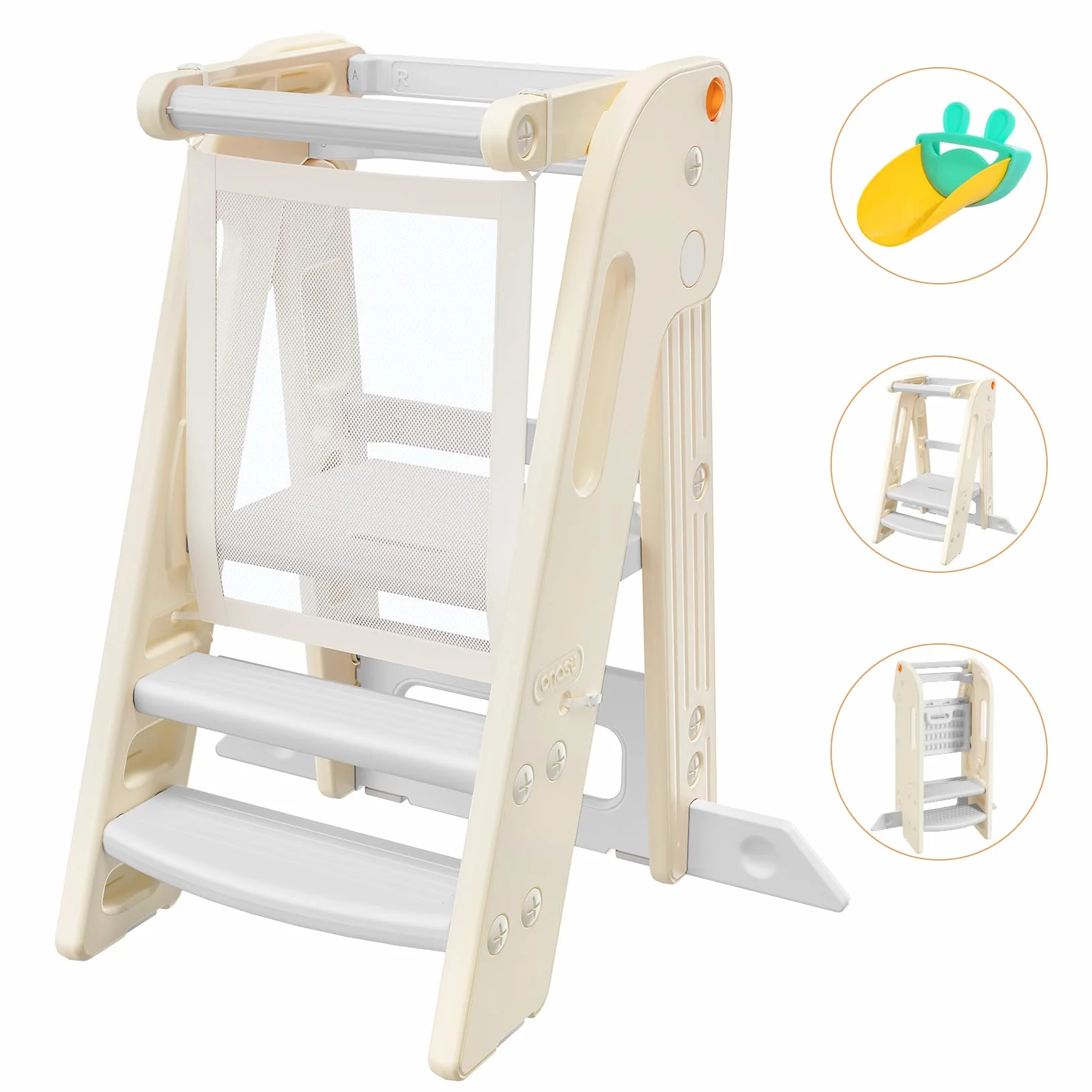 Lernturm für Kinder mit Sicherheitsgeländer, Lernturm Klappbar, Höhenverstellbar, Learning Tower mit Kippschutz & Anti-Rutsch-Trittfläche, für Küche, Badezimmer und Waschbecken (Creme-weiß)