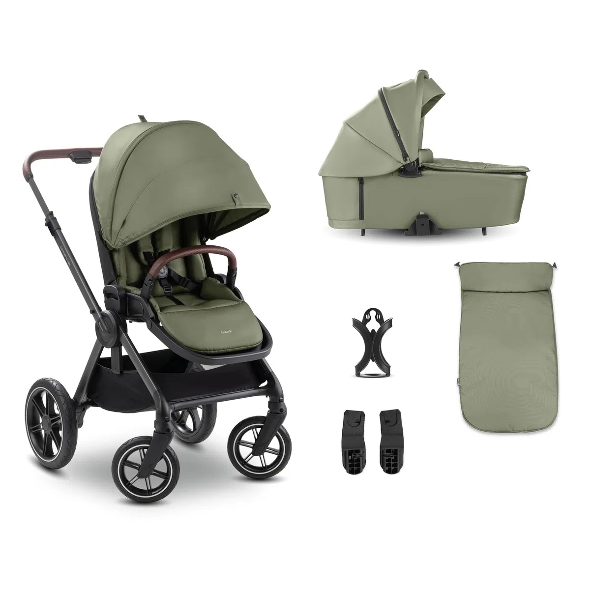 Hauck Comfort N Care Set Olive 2in1 Kinderwagen mit Gummireifen, Wanne, Wendbarer Sitz, bis 22 kg, Höhenverstellbar, inkl. Autositz Adapter