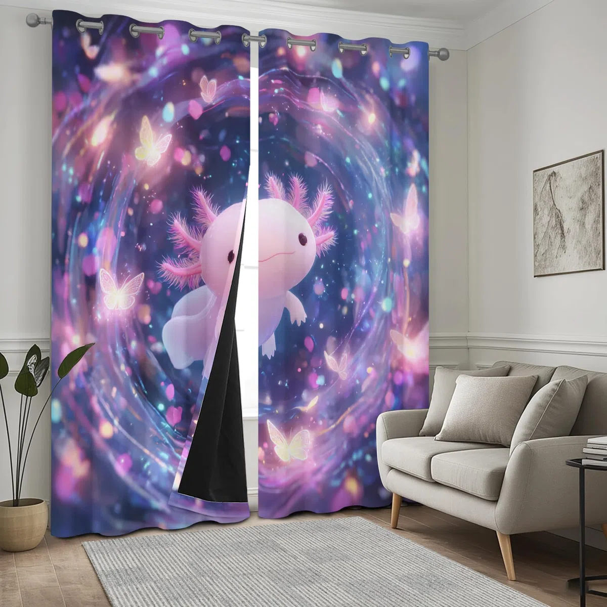Süßer Axolotl Vorhänge Blickdicht, Schmetterling Fantasie Vorhang mit ösen für Wohnzimmer Schlafzimmer, Thermovorhang Kälteschutz Gardinen, Cartoon Tier Verdunklungsvorhänge 2er set B 200 x H 160 bN4
