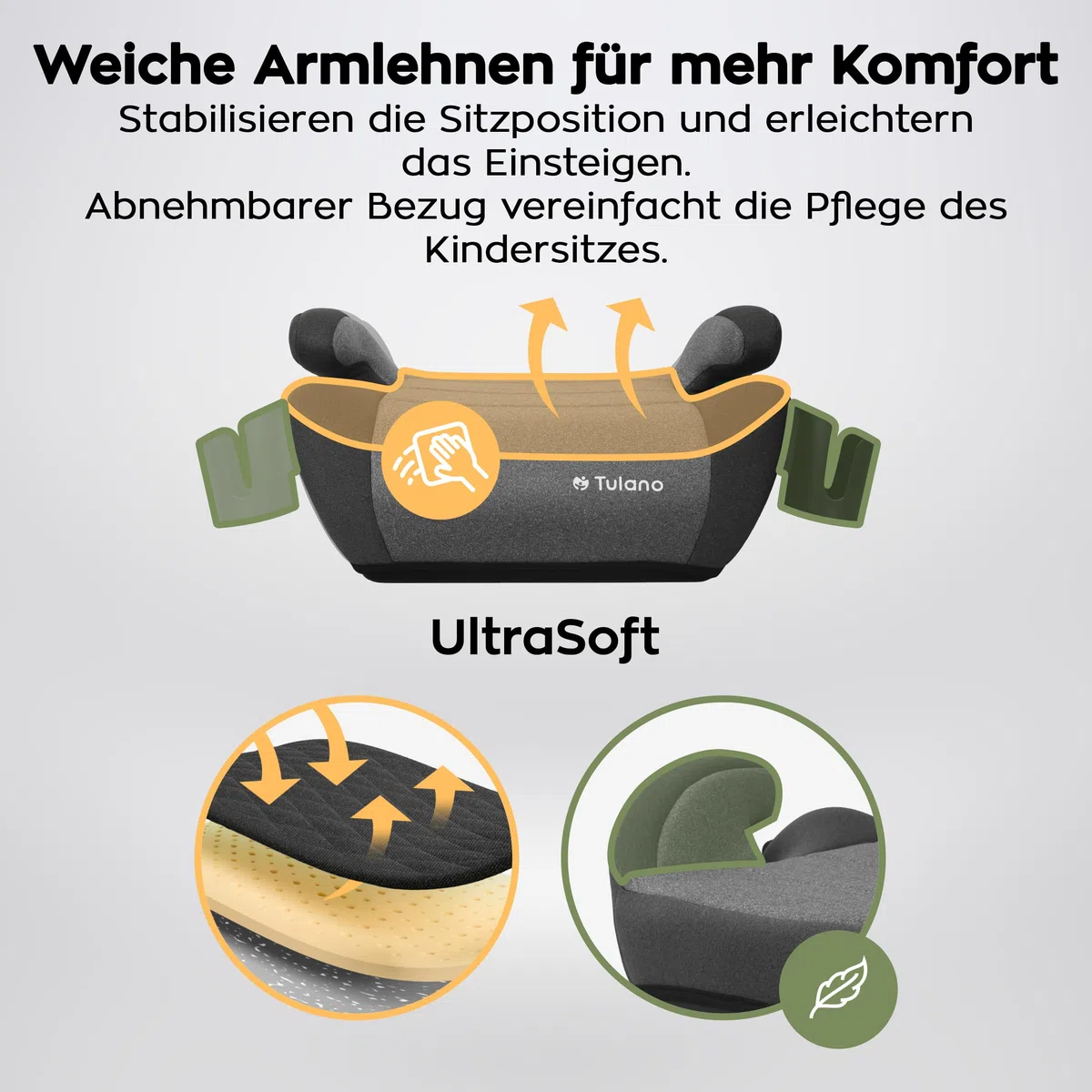 Tulano Cabby 35 Kindersitz - 15–36 kg - 125–150 cm ab 4 Jahren - ISOFIX | sichere Sitzerhöhung Auto Kinder - Vorwärtsgerichtet - ergonomisch gepolsterte Sitzfläche - waschbarer Bezug – Grau