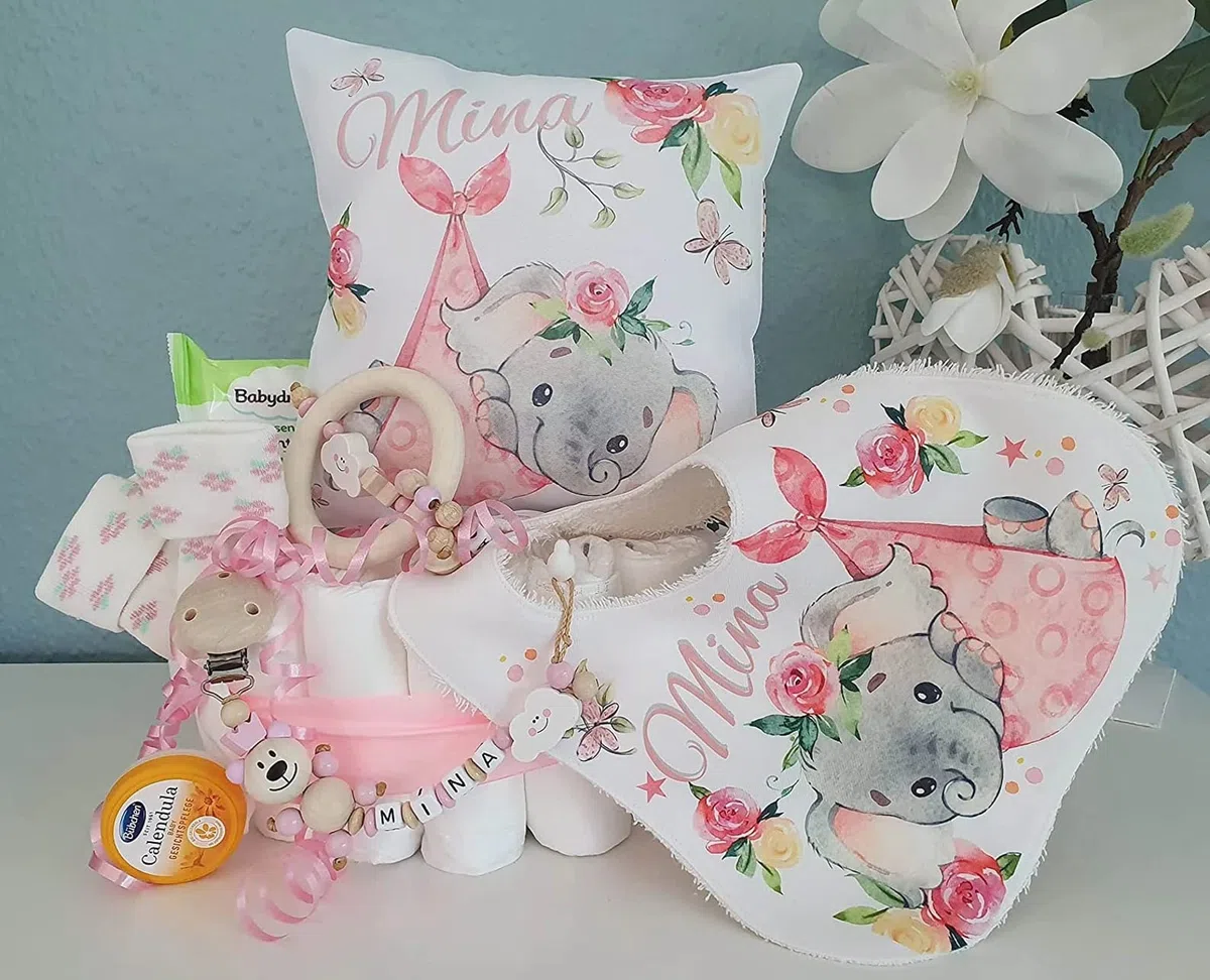 Windeltorte mit Name - Kuschelkissen Elefant Mädchen I Geschenk, Babyparty, Geburt oder Taufe + auf Wunsch, gratis Grußkärtchen