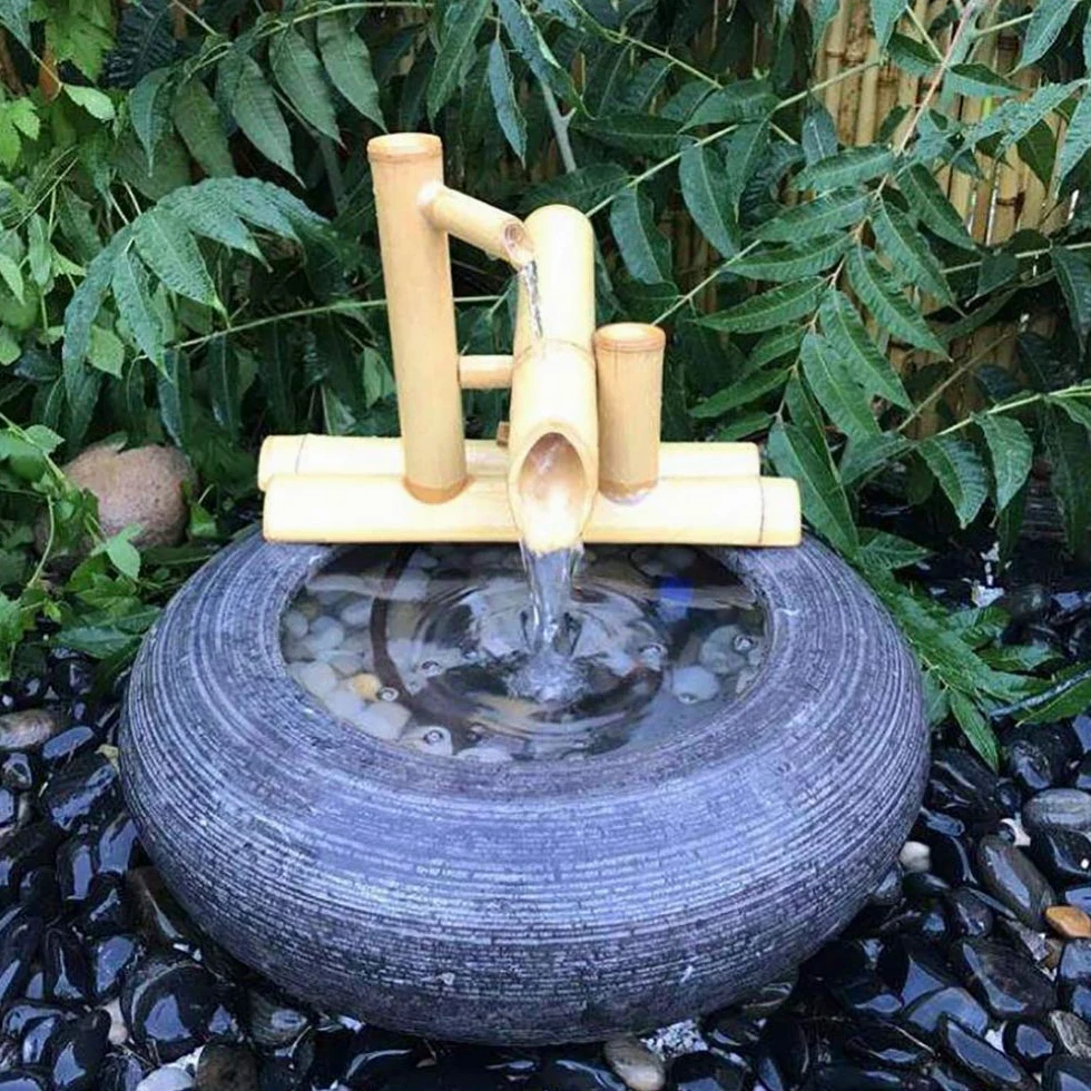 Bambusbrunnen Dekor - Wasserauslauf mit Pumpe für Gartendekoration, Japanische Wasserfall-Funktion im Freien