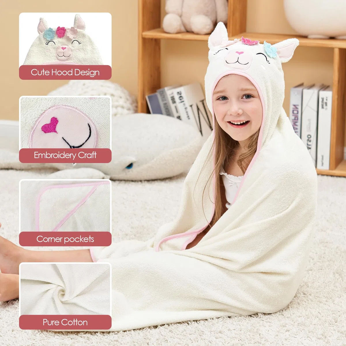 Style Quarters Baby-Badetuch, 100 % Baumwolle, Frottee, weiches Kapuzenhandtuch, Cartoon-Alpaka, Baby-Strandtücher, super saugfähig, große Stickerei, Kinder-Kapuzen-Badetuch, Kleinkind-Handtuch mit