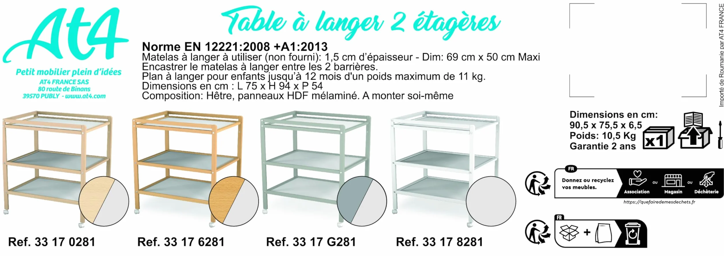 AT4 - Wickeltisch mit 2 Regalen Essentiel Lackierte Buche | 75 x 58 x 94 cm | Wickelkommode mit Rollen | Platzsparend | Kompakt