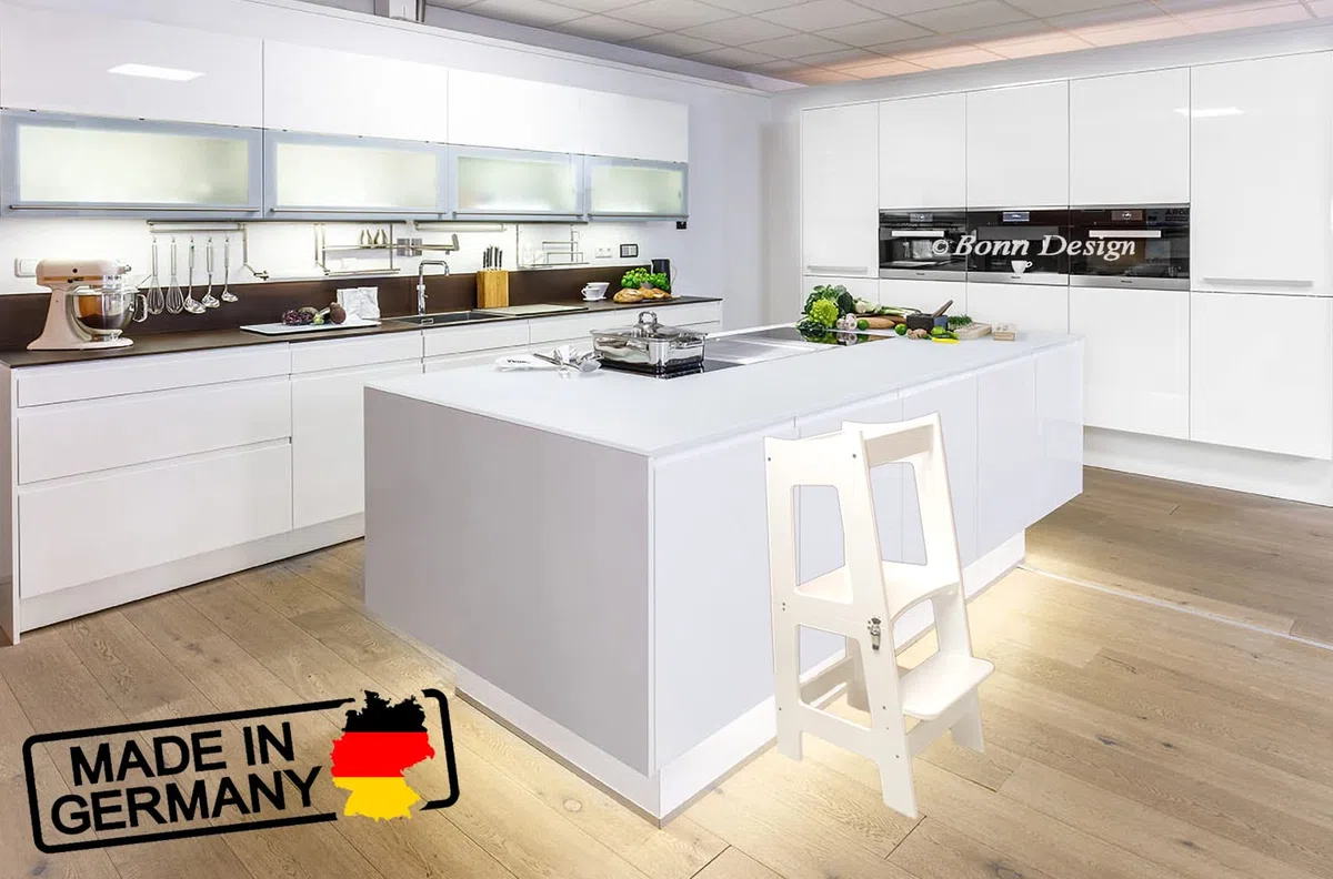 2 in 1 Montessori Lernturm für Kinder klappbar höhenverstellbar Stuhl + Tisch aus Holz Multifunktion Tritthocker Hocker für Jungen & Mädchen Helferturm Lernstuhl Küchenhelfer Weiß Learning Tower