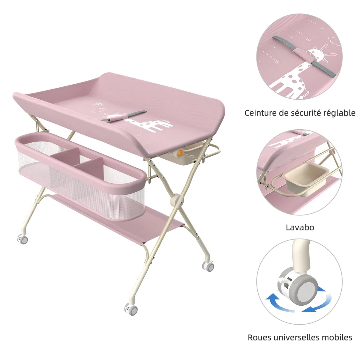 Mobiler Wickeltisch, Wickelkommode, faltbar, mit Aufbewahrungskorb, Wickeltisch für Neugeborene und Kleinkinder, 5 verstellbare Höhen, Höhe 62 – 90 cm, Rosa