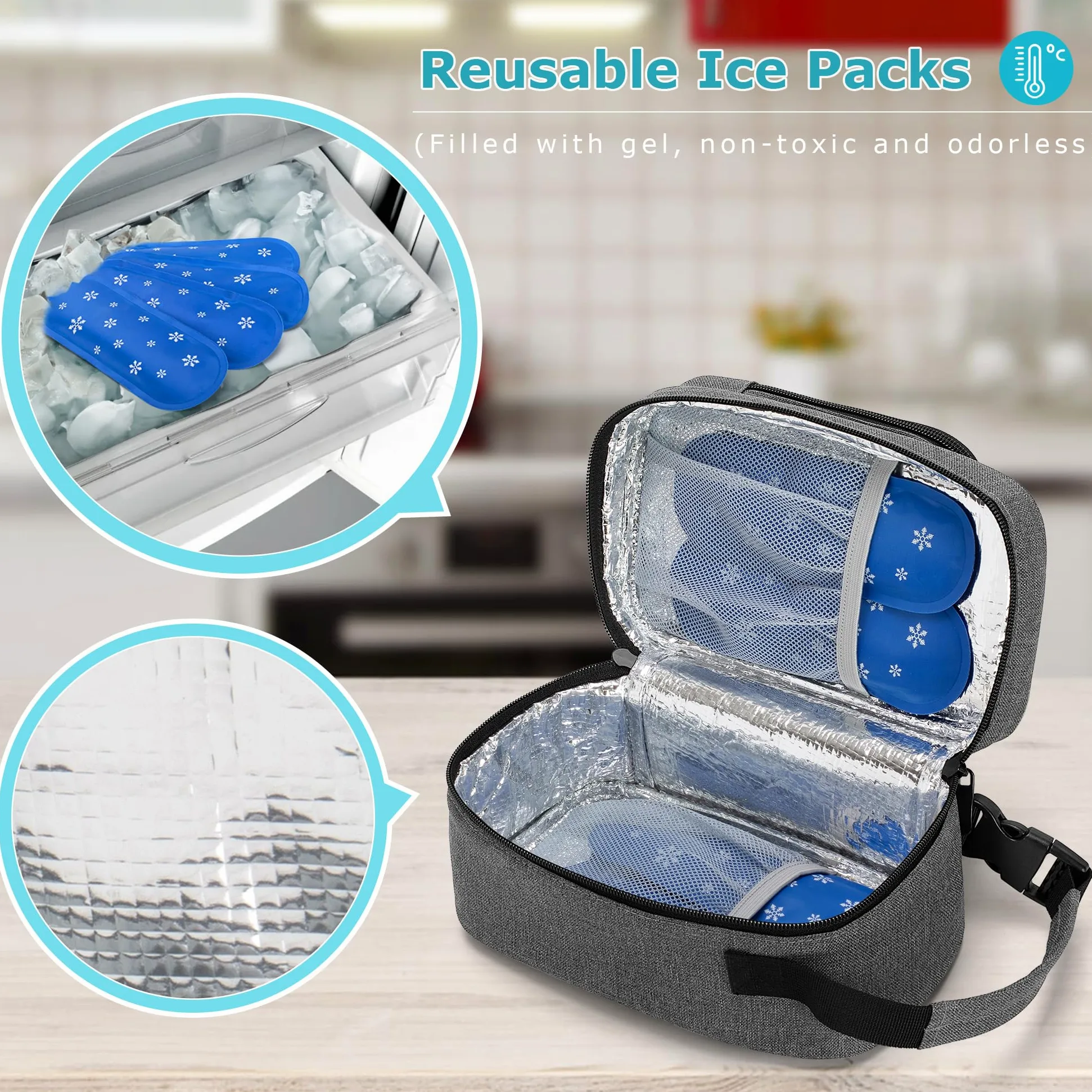 BAFASO Kühltasche für Muttermilch, Isoliert Muttertasche mit 4 Kühlakkus, Brustmilch Aufbewahrung Tasche mit Kühlelement, Reisetasche für Muttermilchbeutel, Grau
