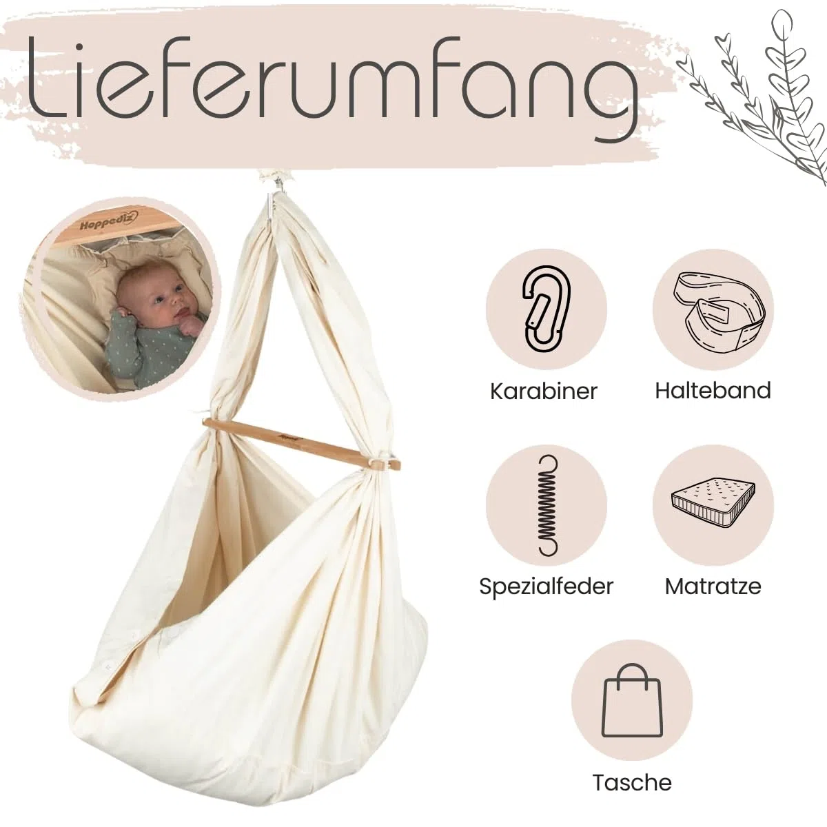 Hoppediz Baby Federwiege | Aus Baumwolle mit Schafswoll-Matratze, beruhigendes Wiegen, bis 15 kg