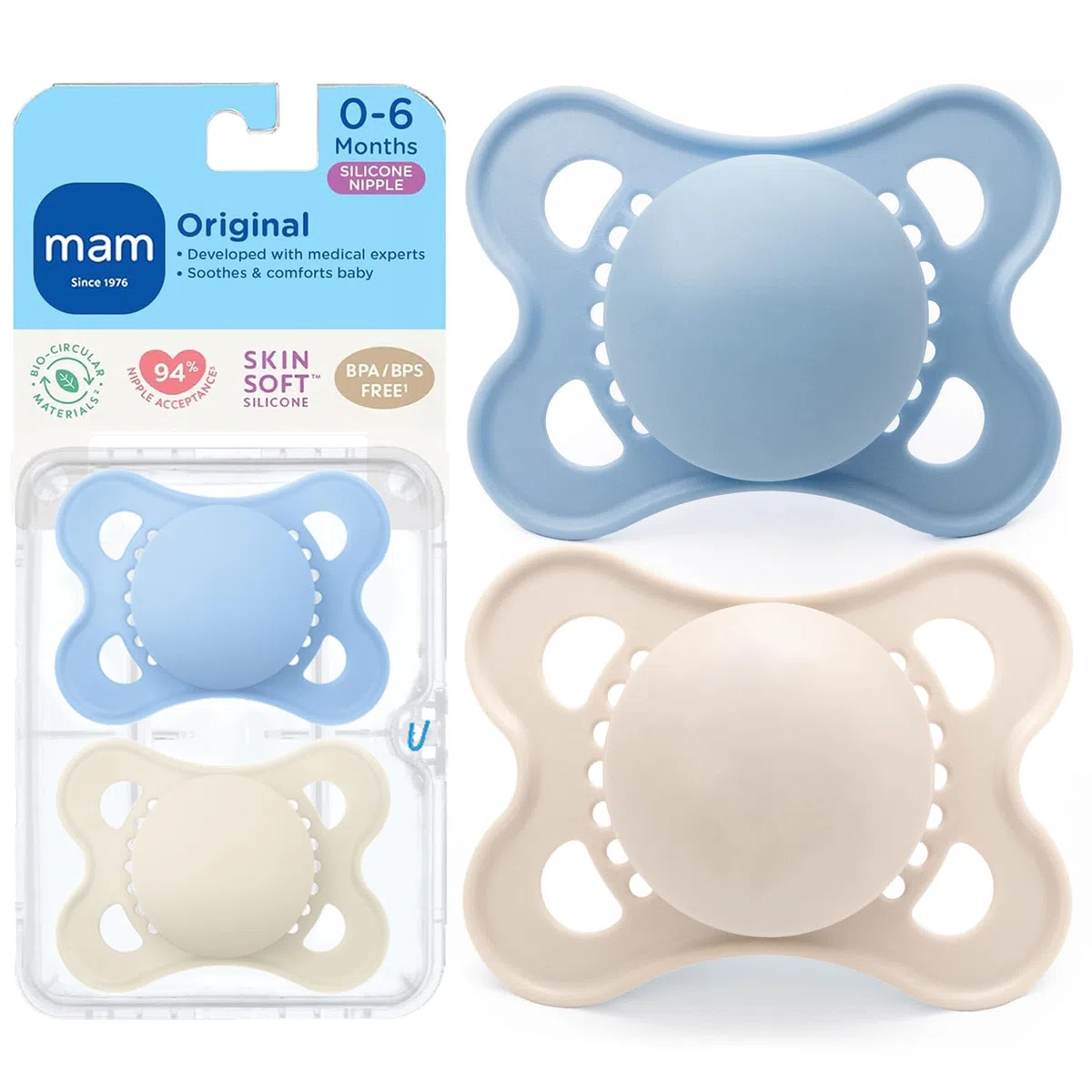 MAM Original Matter Schnuller für Babys, in Brustwarzenform, hilft eine gesunde Mundentwicklung, sterilisierender Beutel für Jungen und Mädchen, 0-6 Monate (2 Stück)