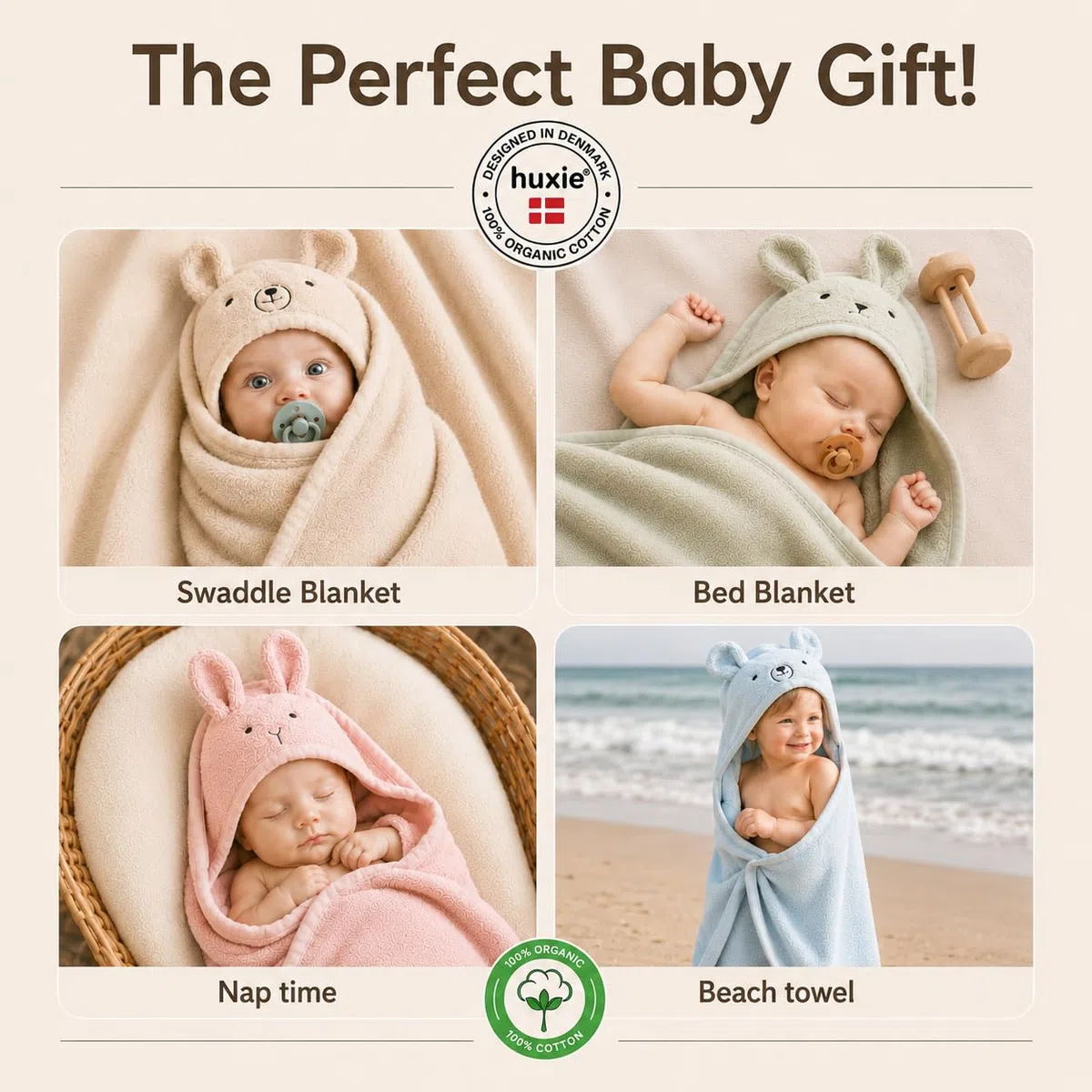 Denmark - Premium Bio-Baumwolle Baby Badetuch - Kapuzenhandtücher für Kleinkinder und Baby Handtücher für Neugeborene Mädchen und Junge - Super weich und saugfähig, 32x32 (Bär - Herbstgelb)