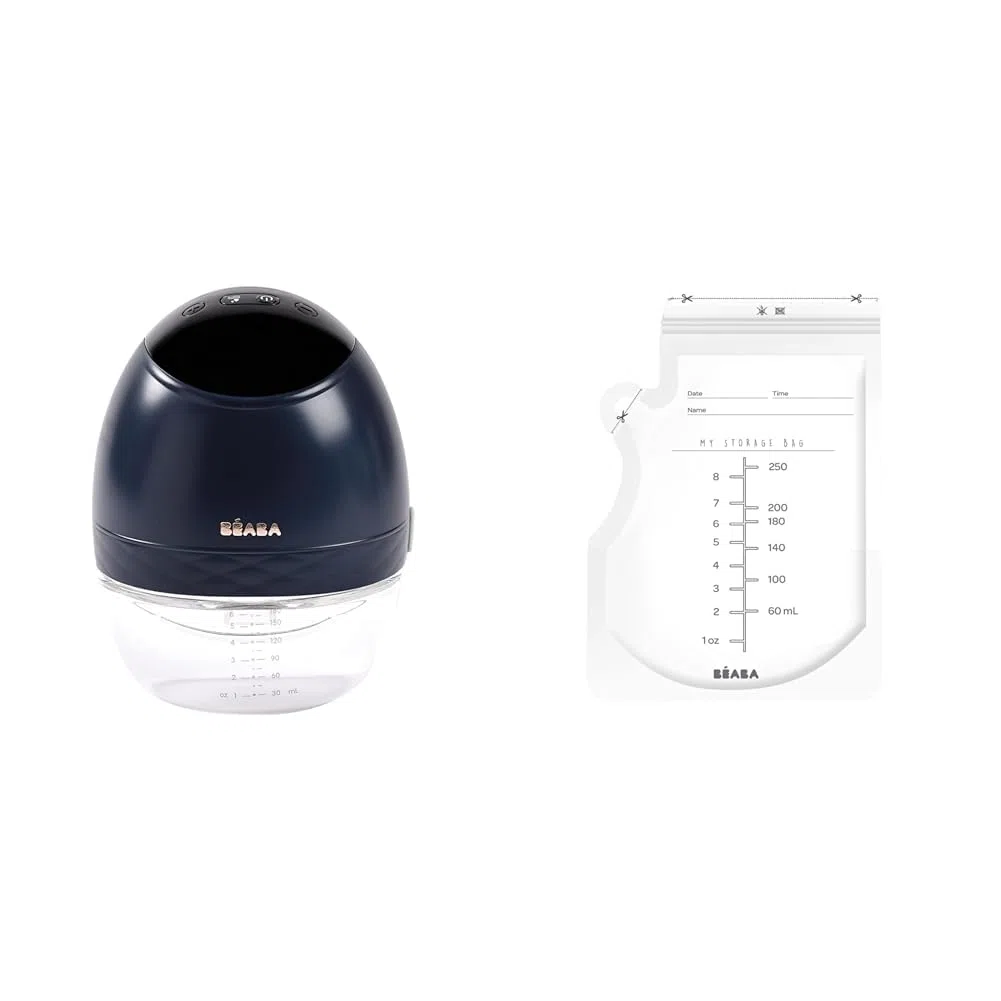 BÉABA, Lot 1 Tire lait electrique Mains libre et 50 Pochettes Conservation Lait Maternel, 3 Modes, 9 Niveaux, 0 Ondes, Silencieux, Minuterie, Fonction Mémoire, 6 séances, Charge USB C, Night blue