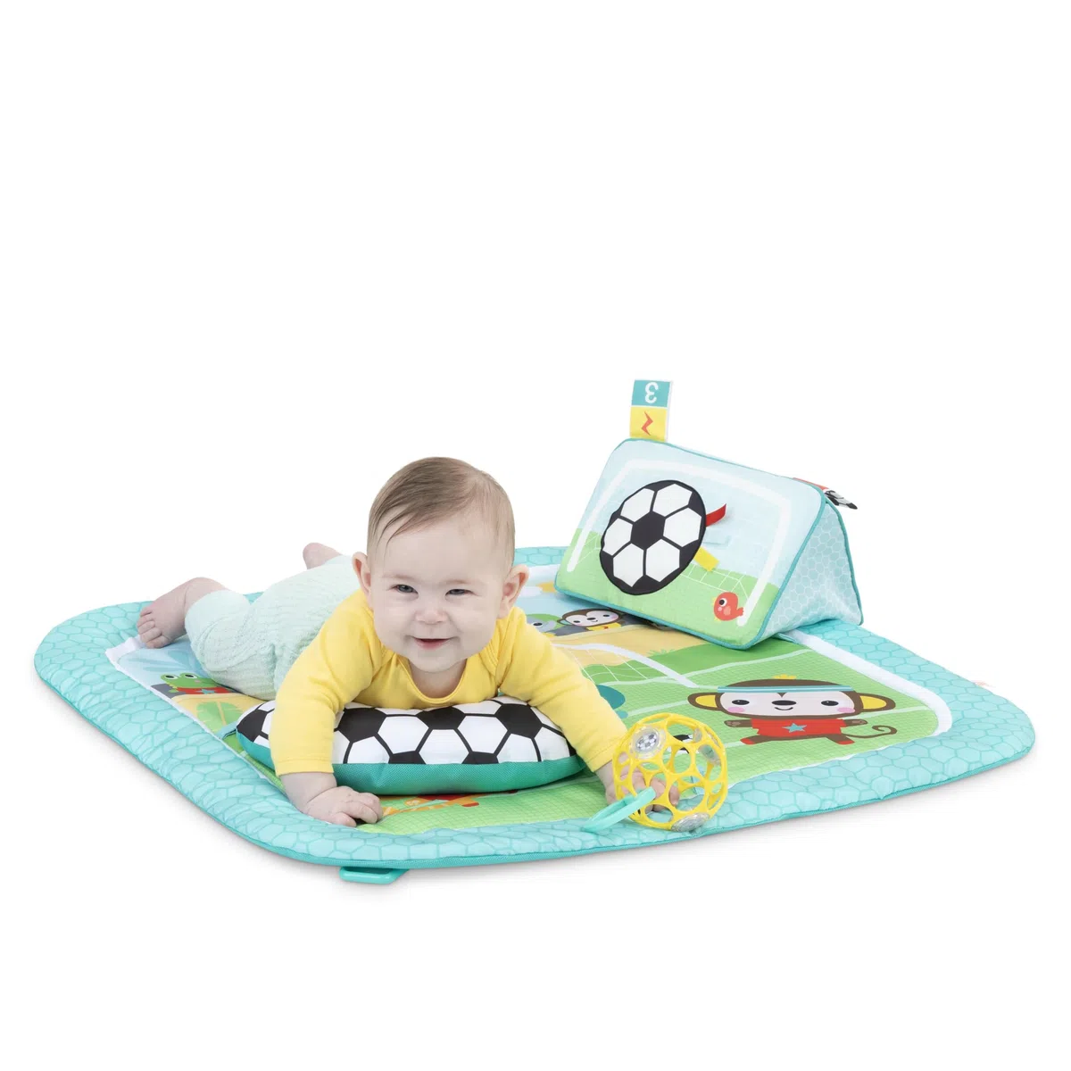 Bright Starts Greif- und Kick-Oball-Aktivitätsgym, Fußballthema, 4 Spielmodi, Bauchlage-Kissen, Licht & 30+ Melodien, Abnehmbarer Spielbogen, Waschbare Matte, Unisex, Ab Neugeborenen