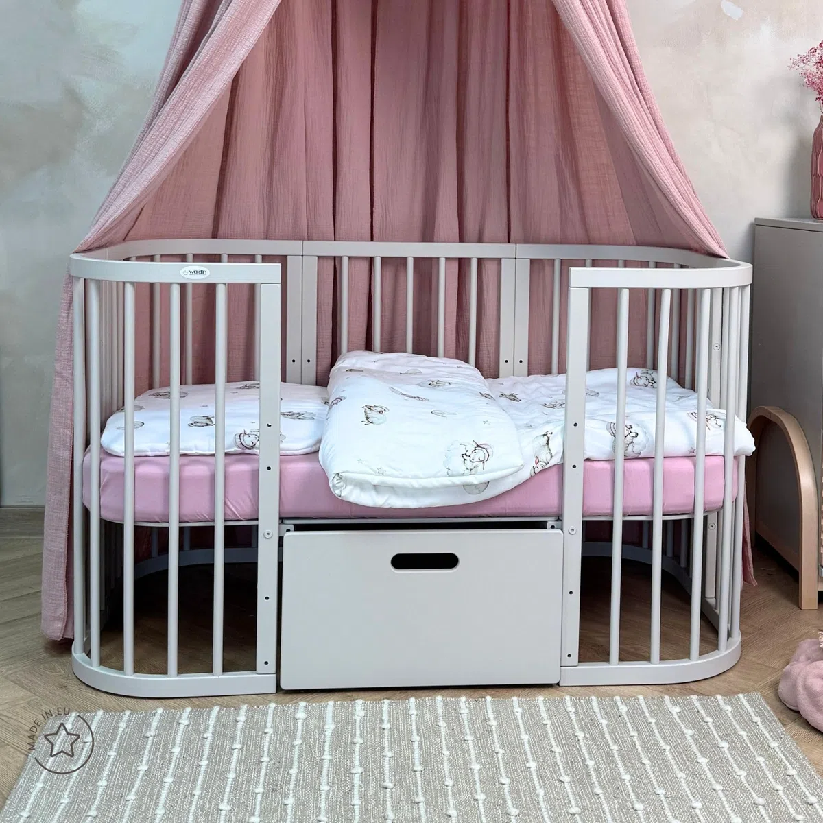 waldin Kokosmatratze groß Babybett 7in1 | Ökologische Kokoseinlage, antiallergisch und atmungsaktiv, Bezug waschbar bei 40 Grad