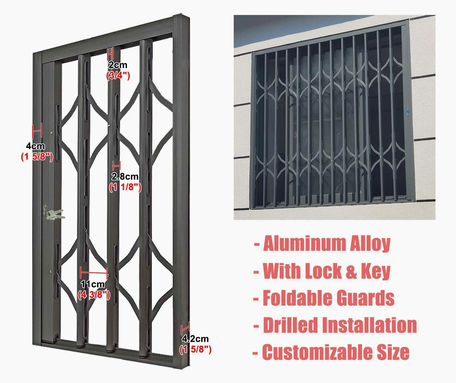 Fensterschutz für Schiebetüren, zusammenklappbar, Metall, sichere Schiene für Kinder und Haustiere, graue Fenstersicherung, ideal für Keller und Kindersicherung.